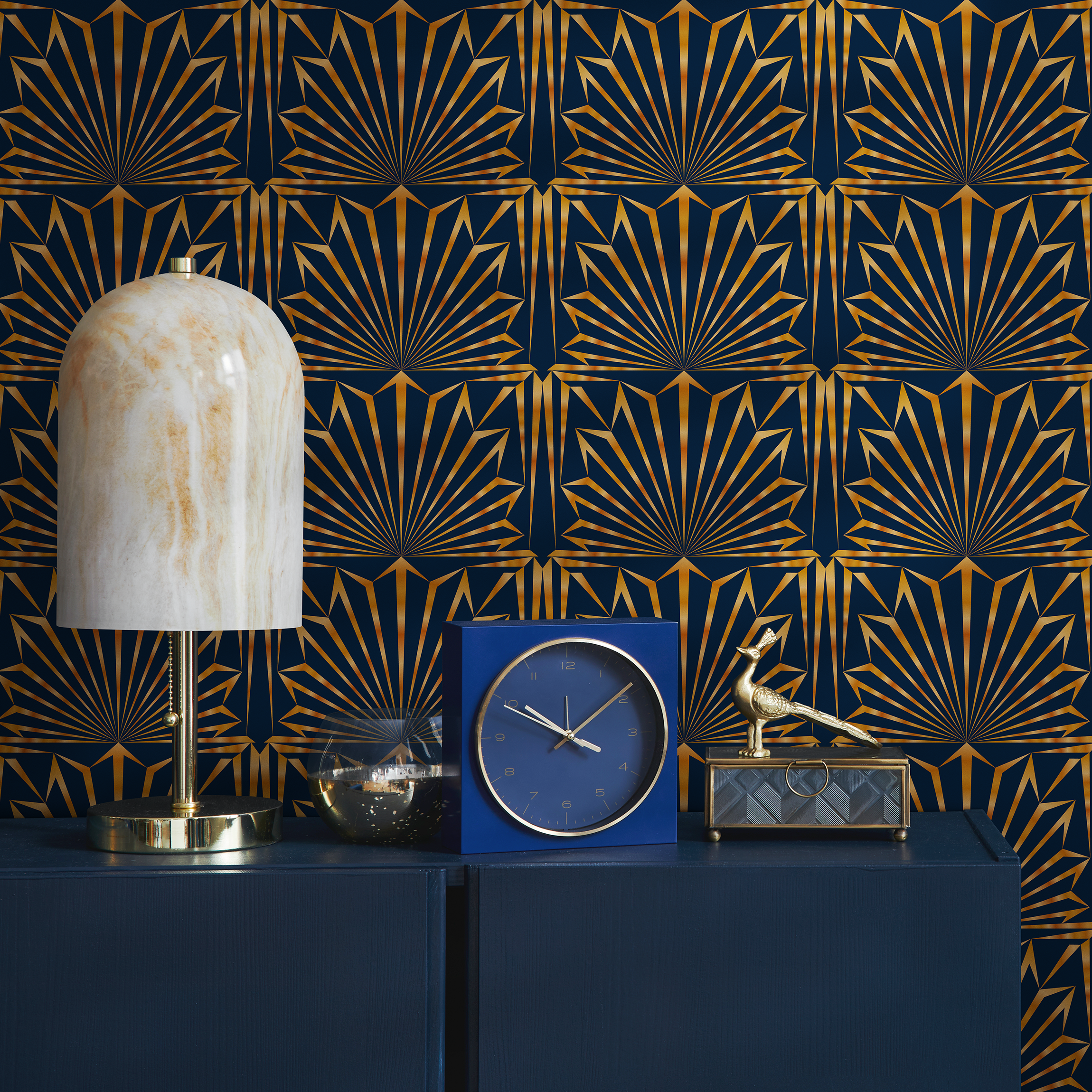 Art Deco Wallpaper With A Geometric Fan Motif In Navy Blue And Gold - B545