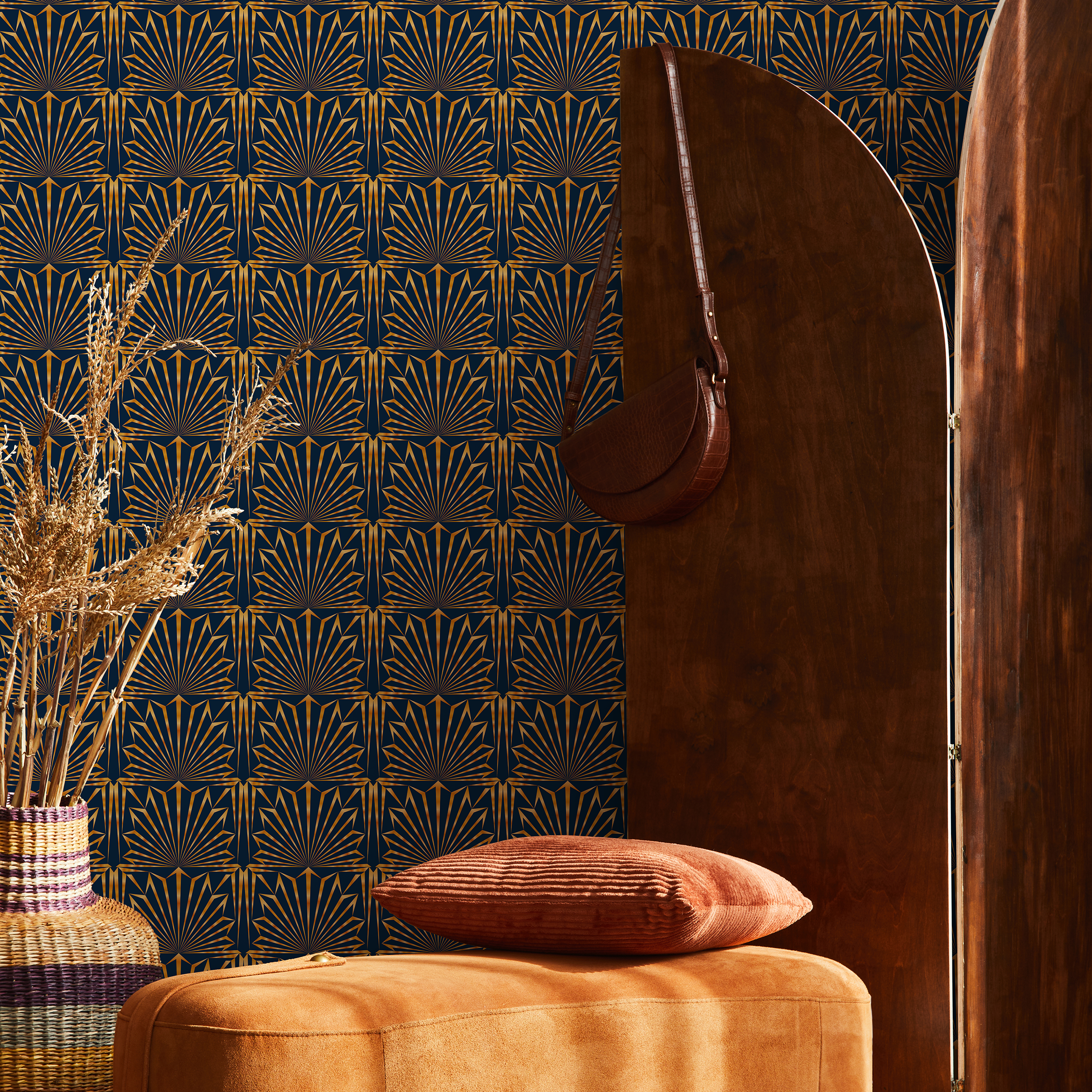 Art Deco Wallpaper With A Geometric Fan Motif In Navy Blue And Gold - B545