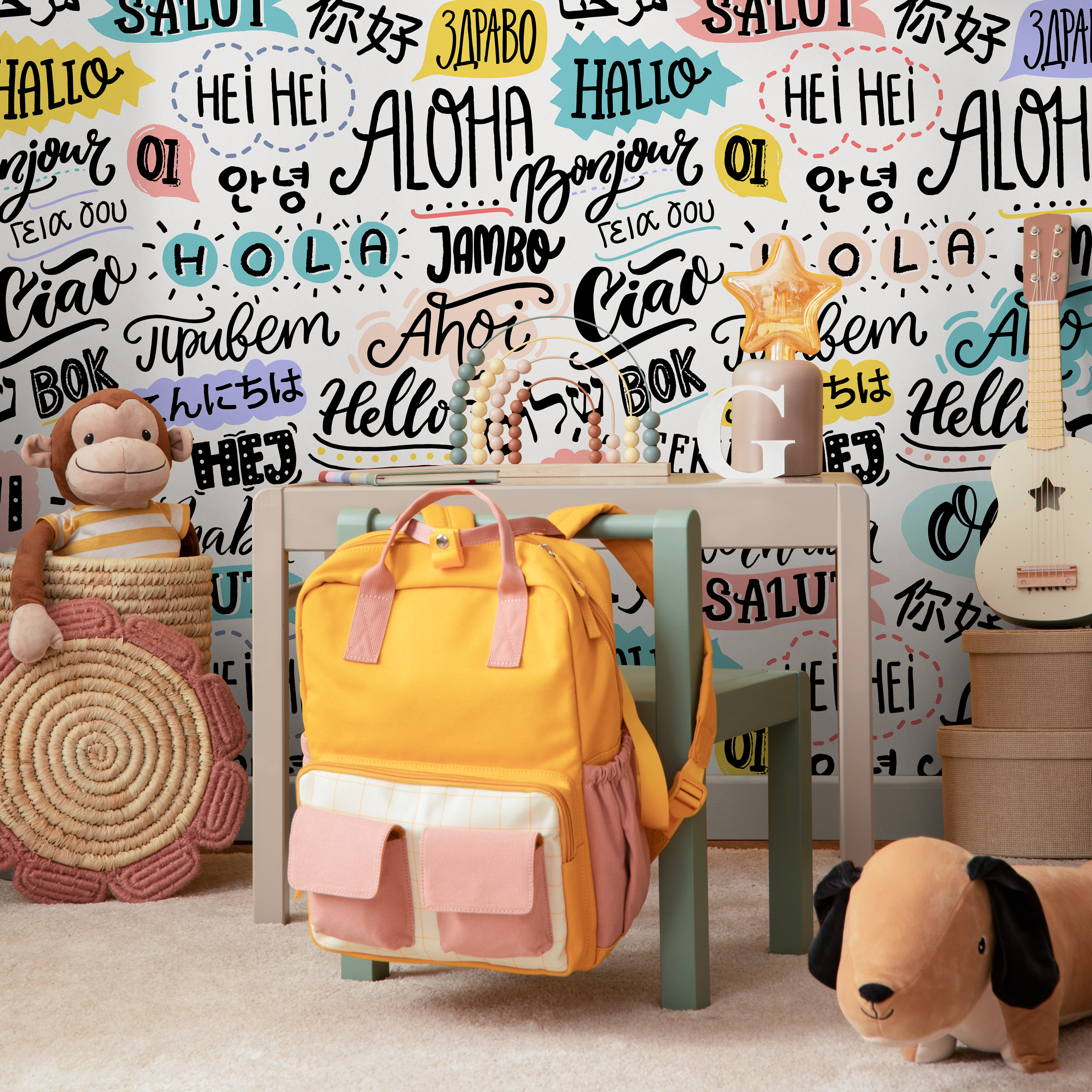 Typography Wallpaper With Global Greetings In Black, Teal, And Yellow - B546