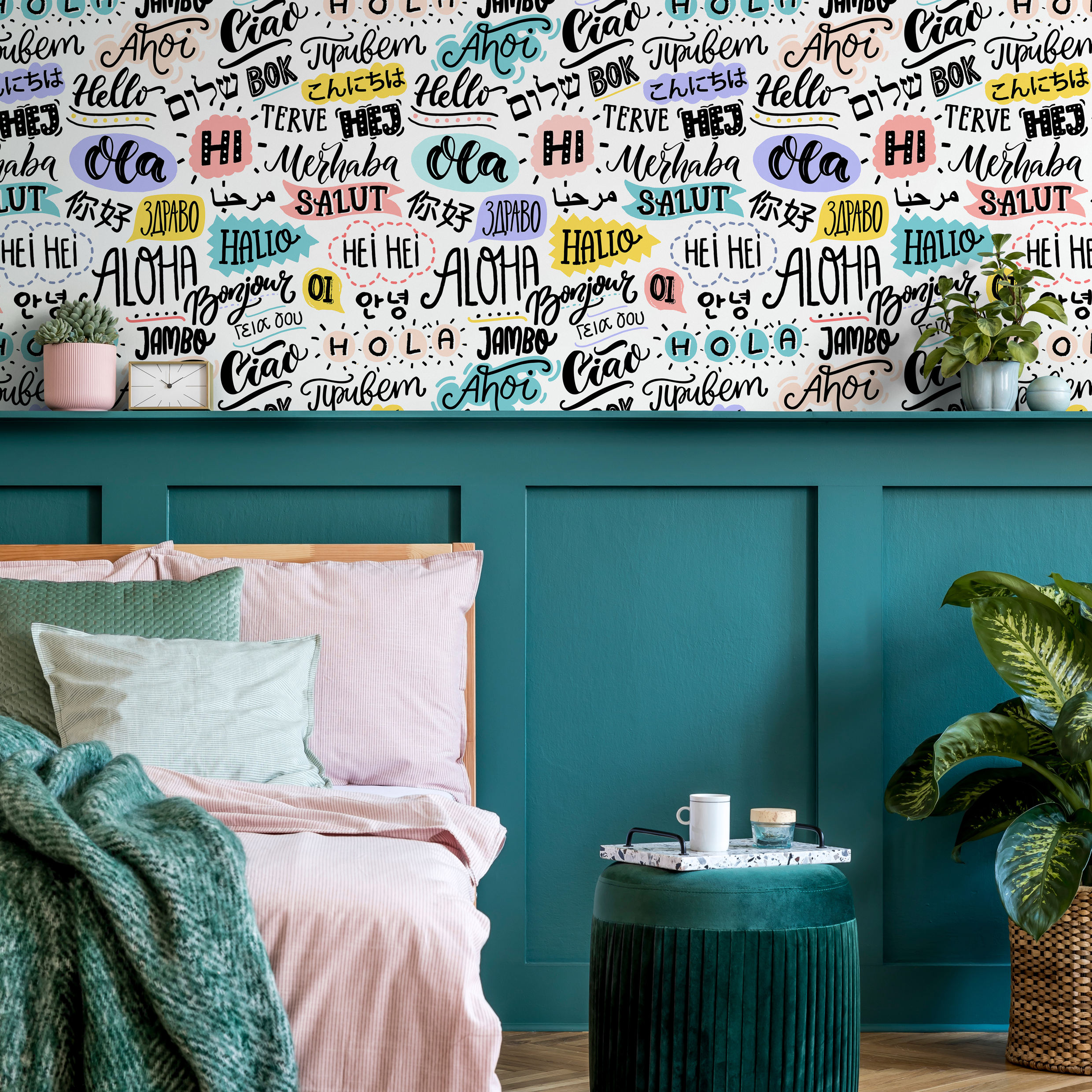 Typography Wallpaper With Global Greetings In Black, Teal, And Yellow - B546