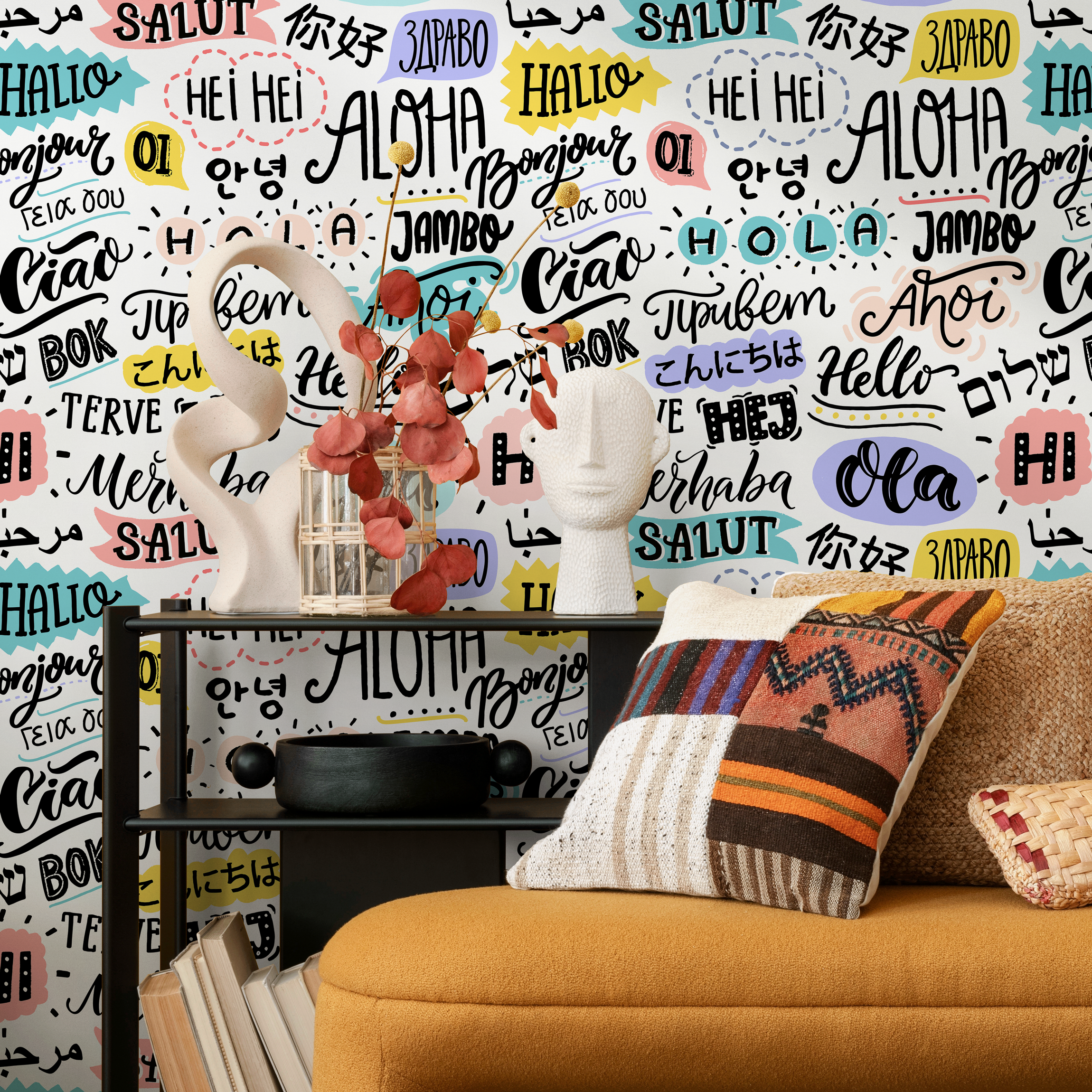 Typography Wallpaper With Global Greetings In Black, Teal, And Yellow - B546