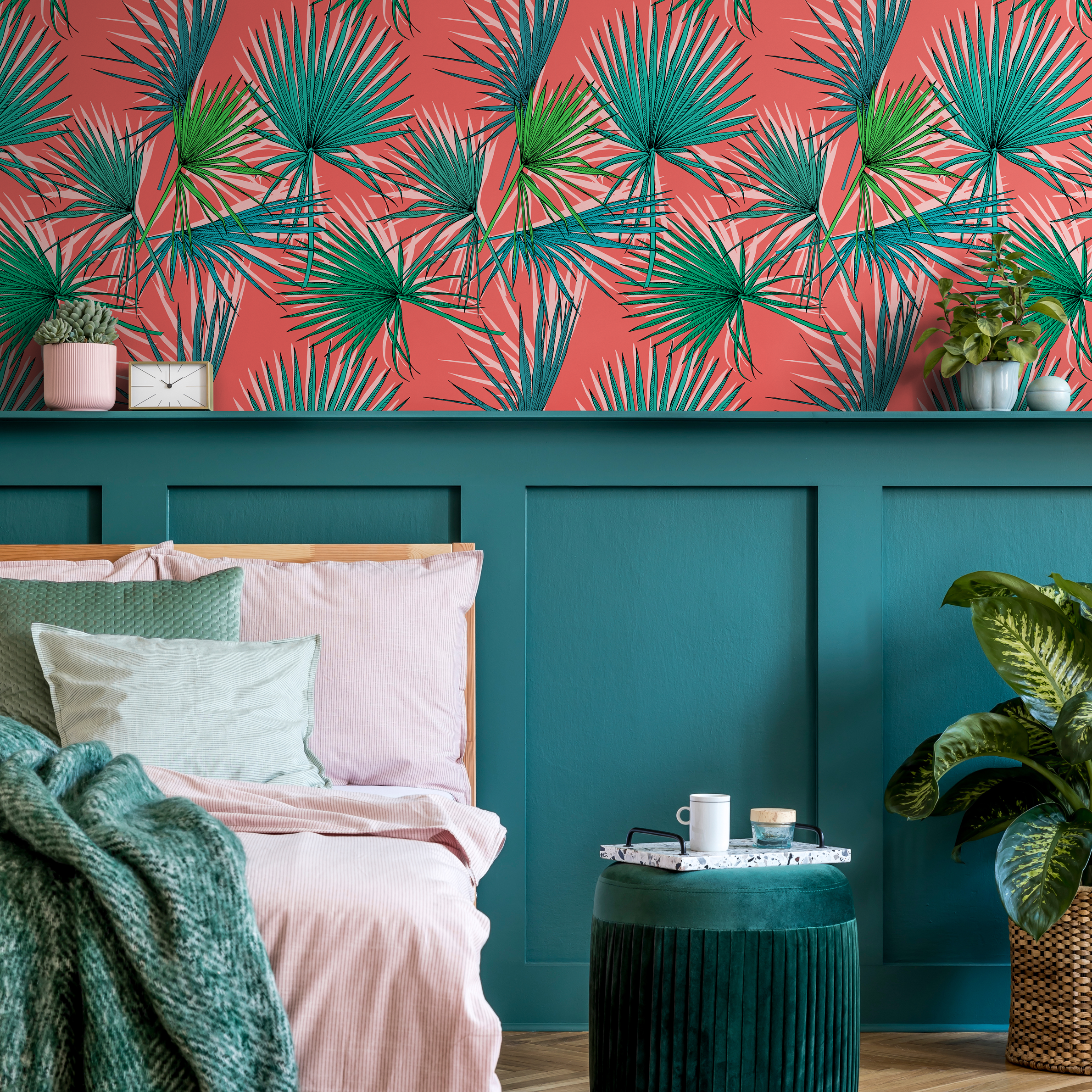 Tropical Wallpaper With Fan Palm Leaves In Coral, Green, And Teal - B548