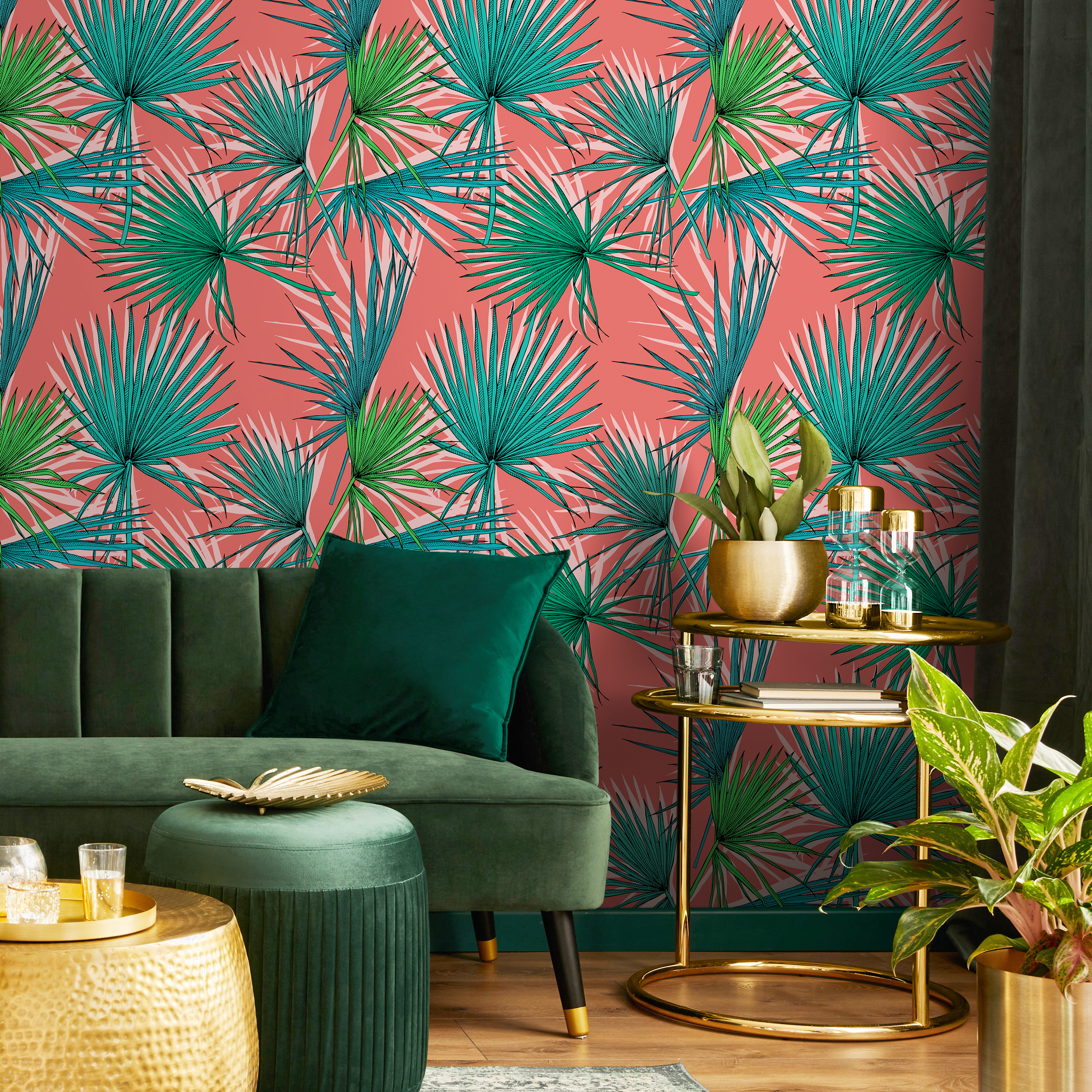 Tropical Wallpaper With Fan Palm Leaves In Coral, Green, And Teal - B548