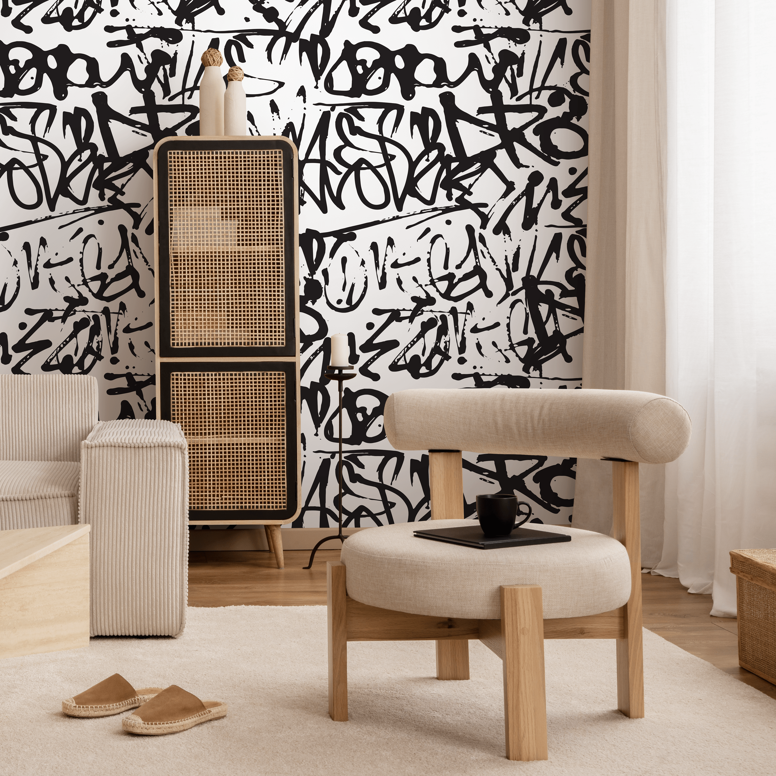 Graffiti Wallpaper With An Urban Street Art Motif In Black And White - B549