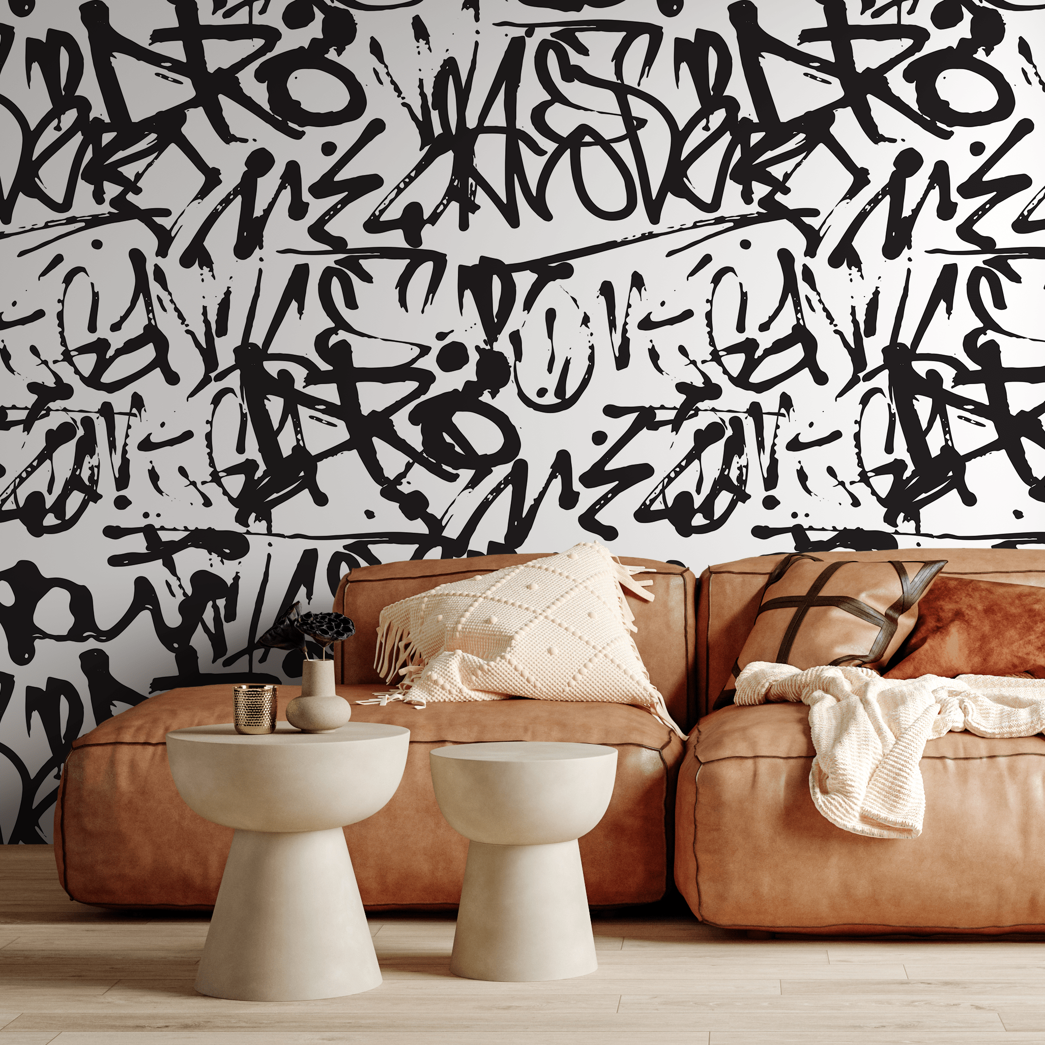 Graffiti Wallpaper With An Urban Street Art Motif In Black And White - B549