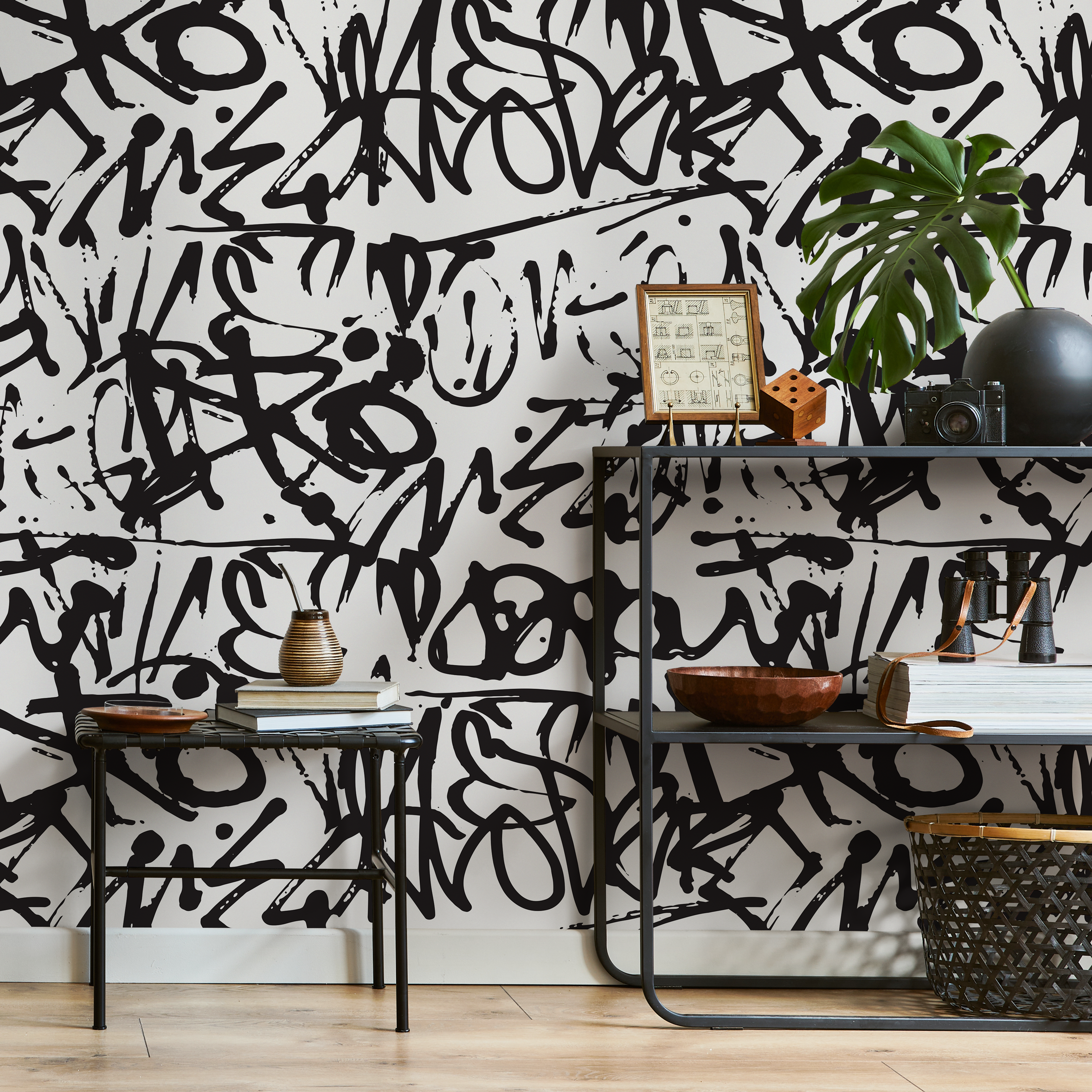 Graffiti Wallpaper With An Urban Street Art Motif In Black And White - B549