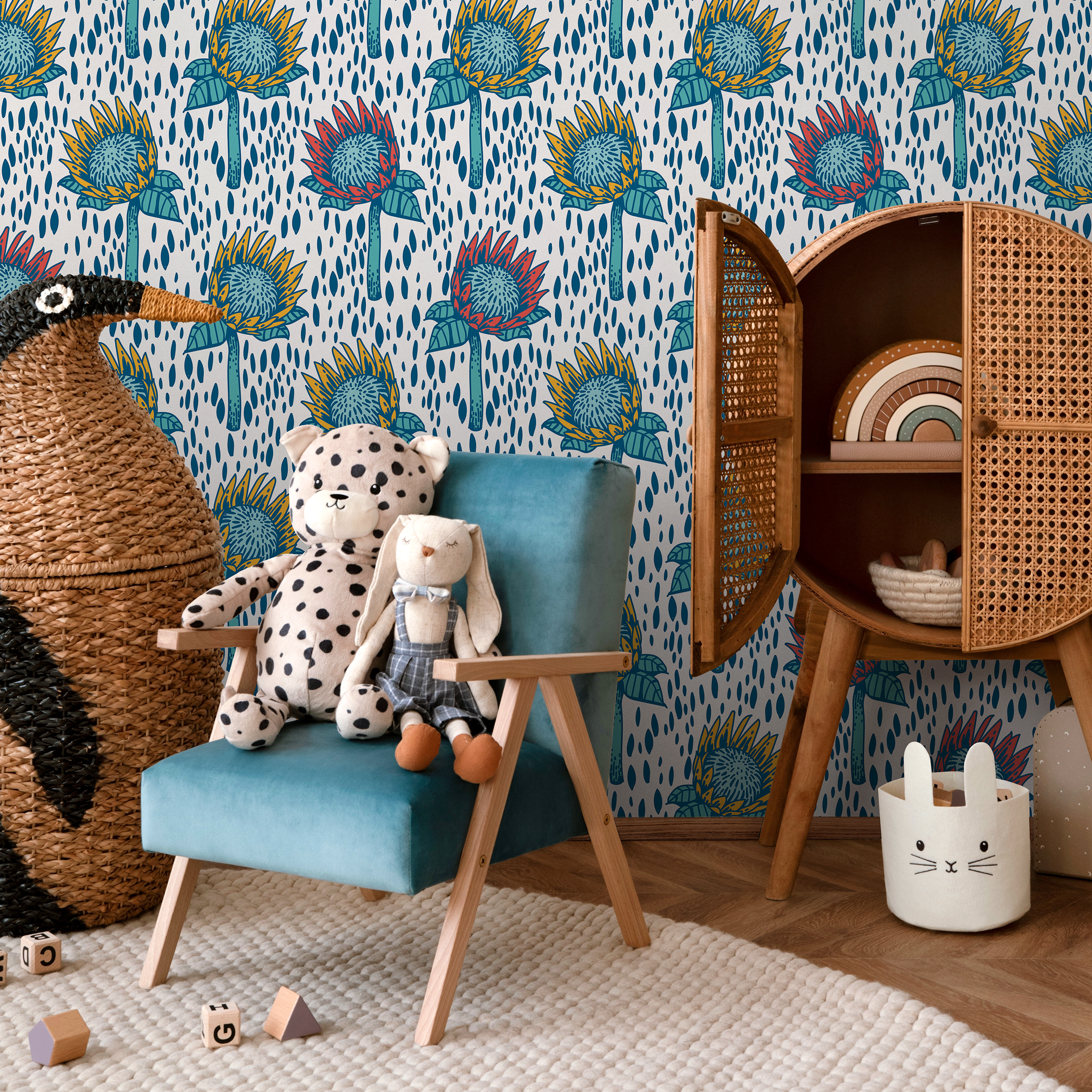 Botanical Wallpaper With Stylized Protea Flowers In Blue, Yellow, And Red - B550