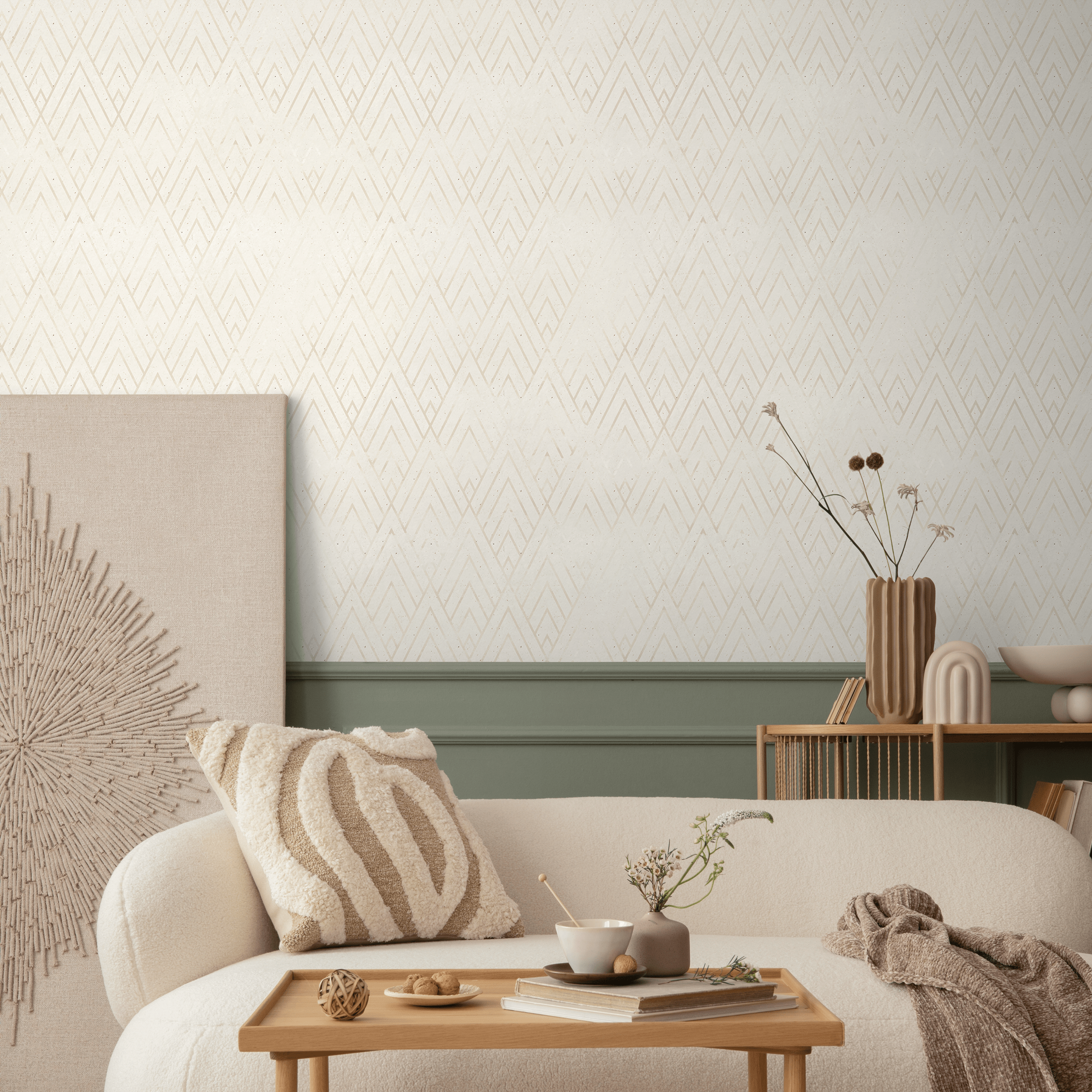 Geometric Wallpaper With An Abstract Mountain Motif In Beige And Cream - B553