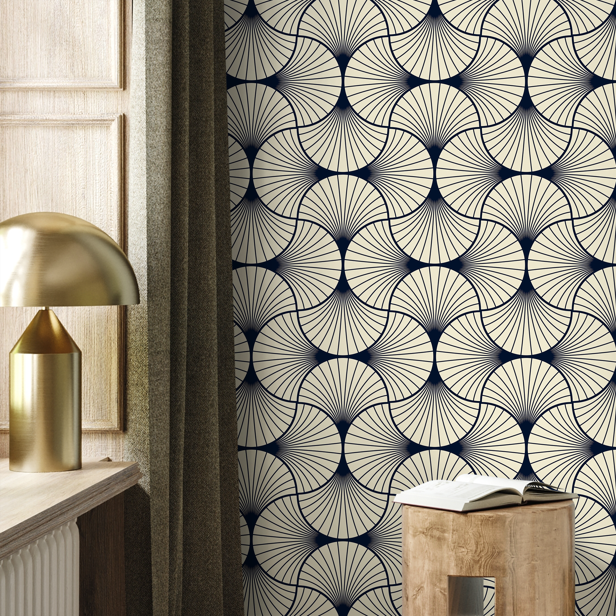Art Deco Wallpaper With An Elegant Fan Pattern In Navy Blue And Cream - B559