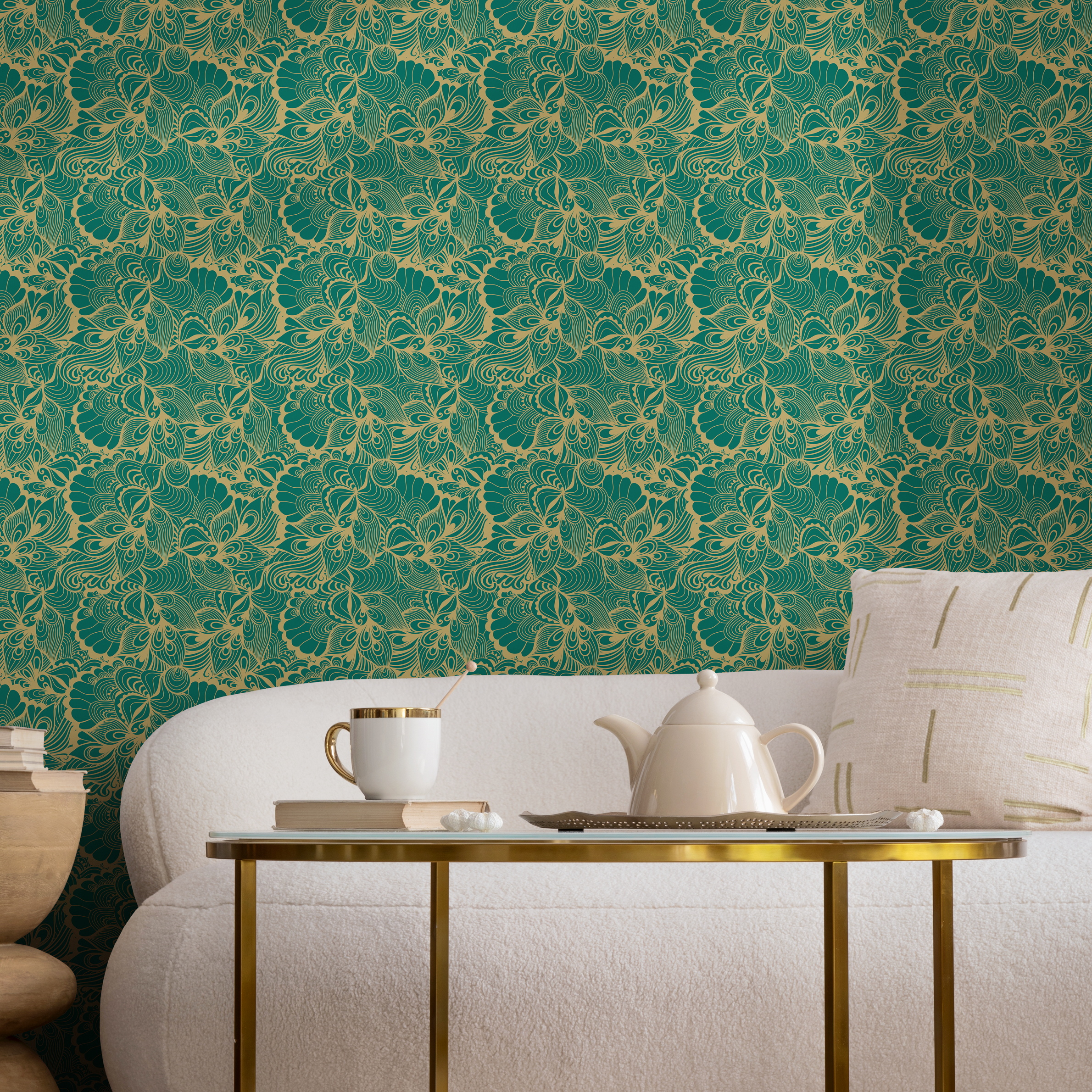 Abstract Wallpaper With Swirling Botanicals In Green And Gold - B561