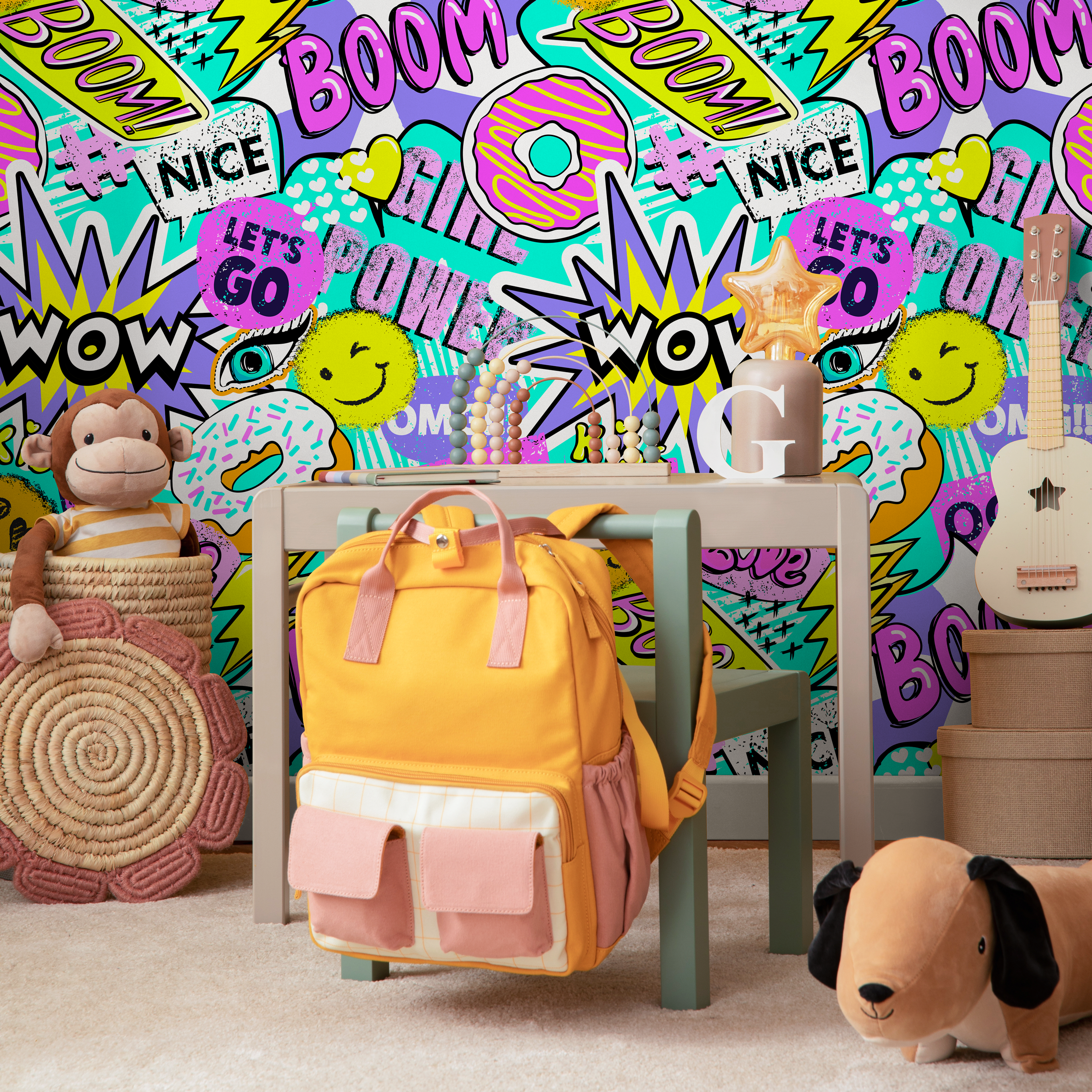 Pop Art Wallpaper With A Comic Sticker Collage In Pink, Yellow, And Purple - B563