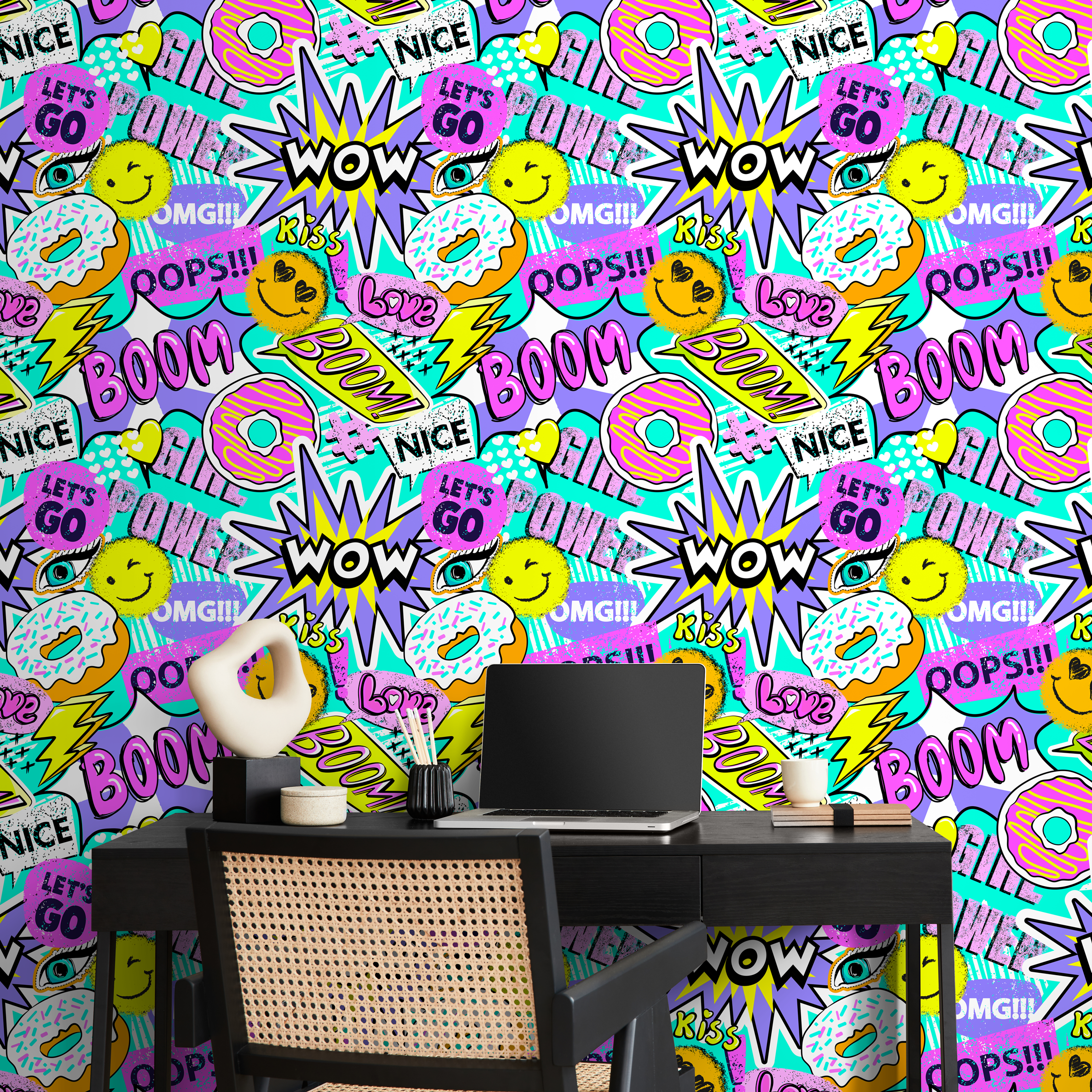 Pop Art Wallpaper With A Comic Sticker Collage In Pink, Yellow, And Purple - B563