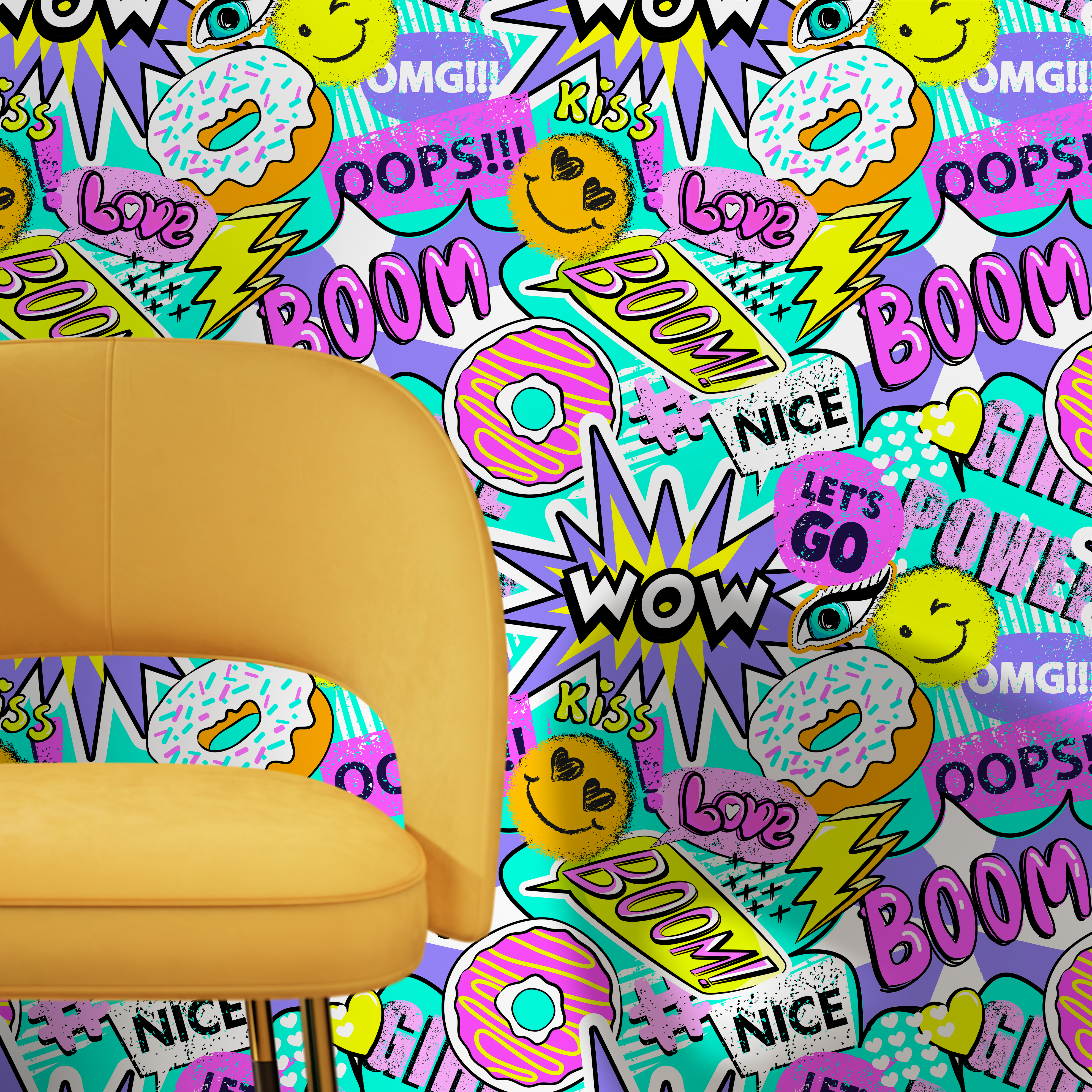 Pop Art Wallpaper With A Comic Sticker Collage In Pink, Yellow, And Purple - B563