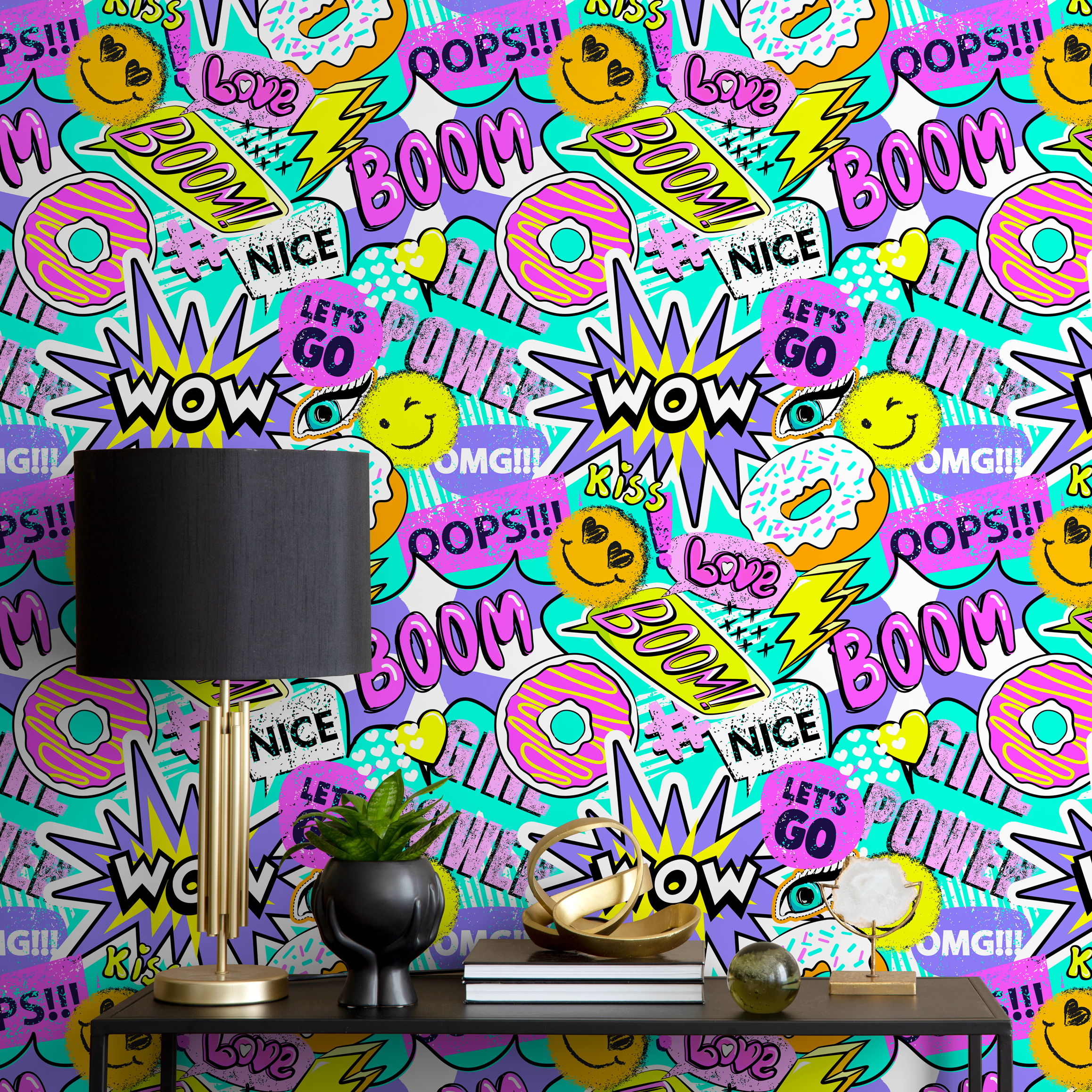 Pop Art Wallpaper With A Comic Sticker Collage In Pink, Yellow, And Purple - B563