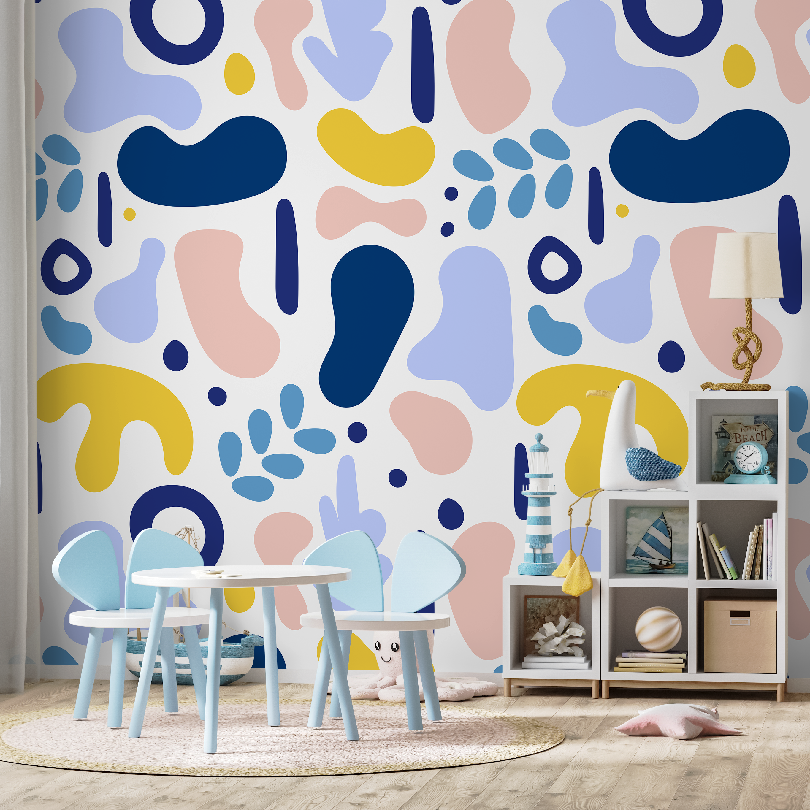 Abstract Wallpaper With Modern Organic Shapes In Blue, Pink, And Yellow - B567