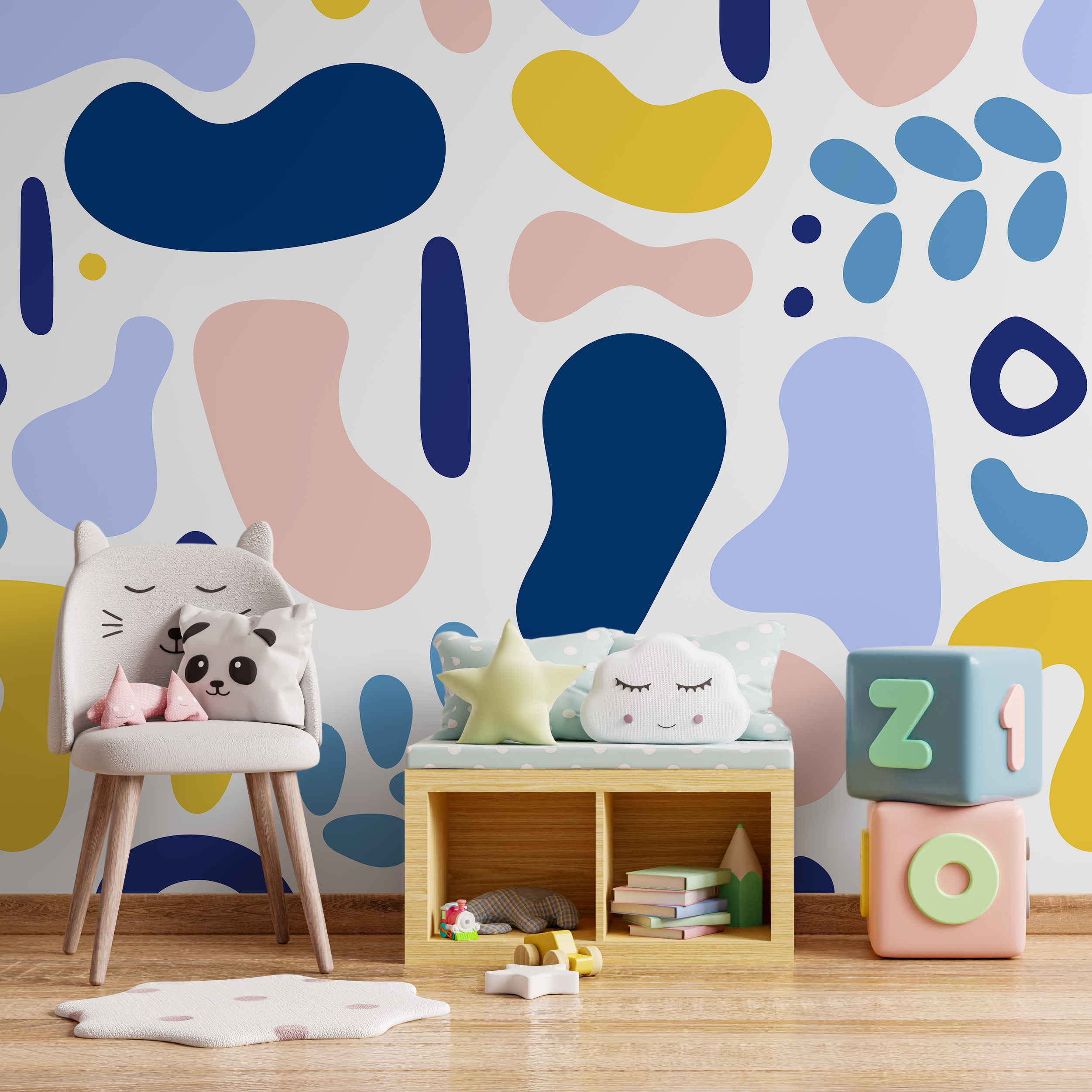 Abstract Wallpaper With Modern Organic Shapes In Blue, Pink, And Yellow - B567