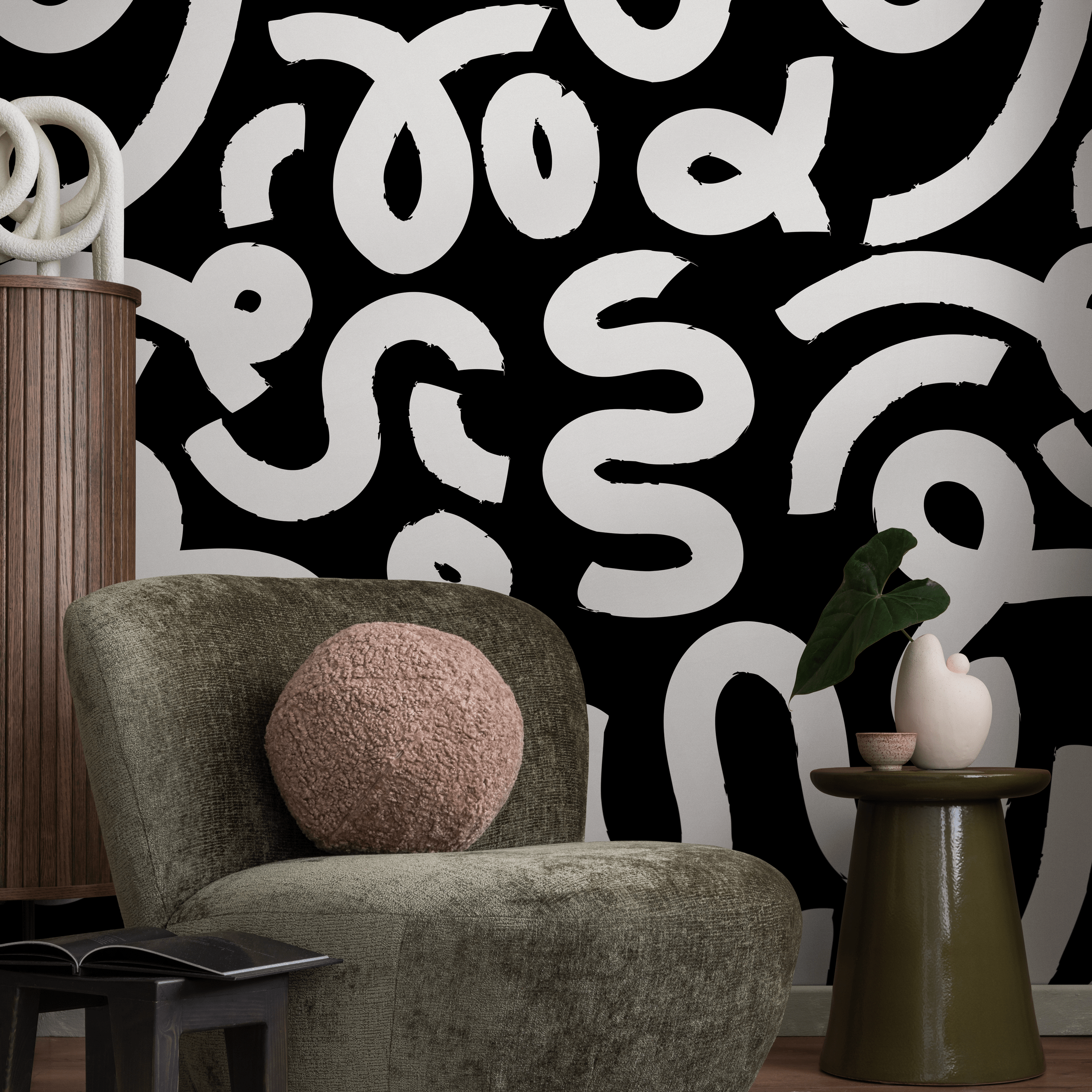 Abstract Wallpaper With Bold Winding Brush Strokes In Black And White - B568