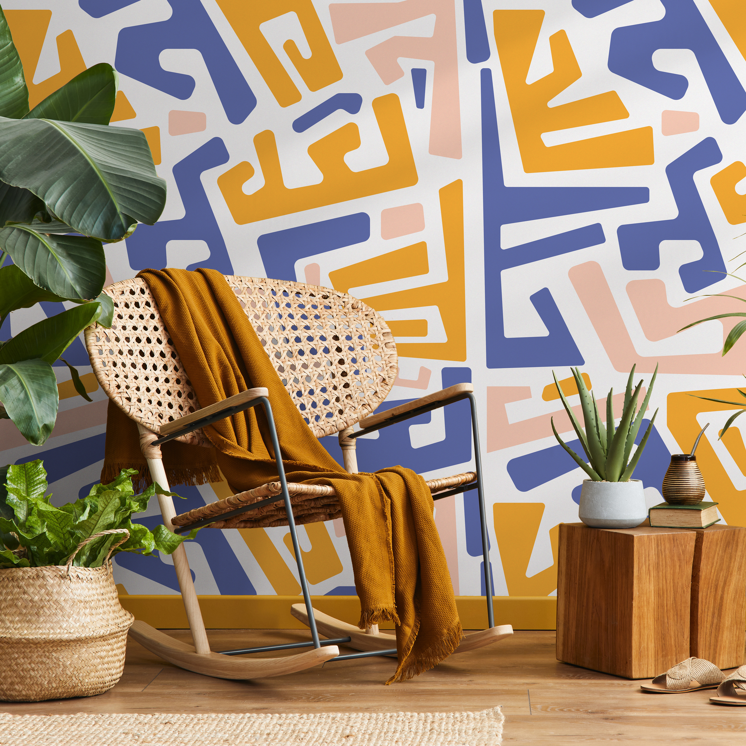 Abstract Wallpaper With A Bold Maze Motif In Yellow, Blue, And Pink - B569