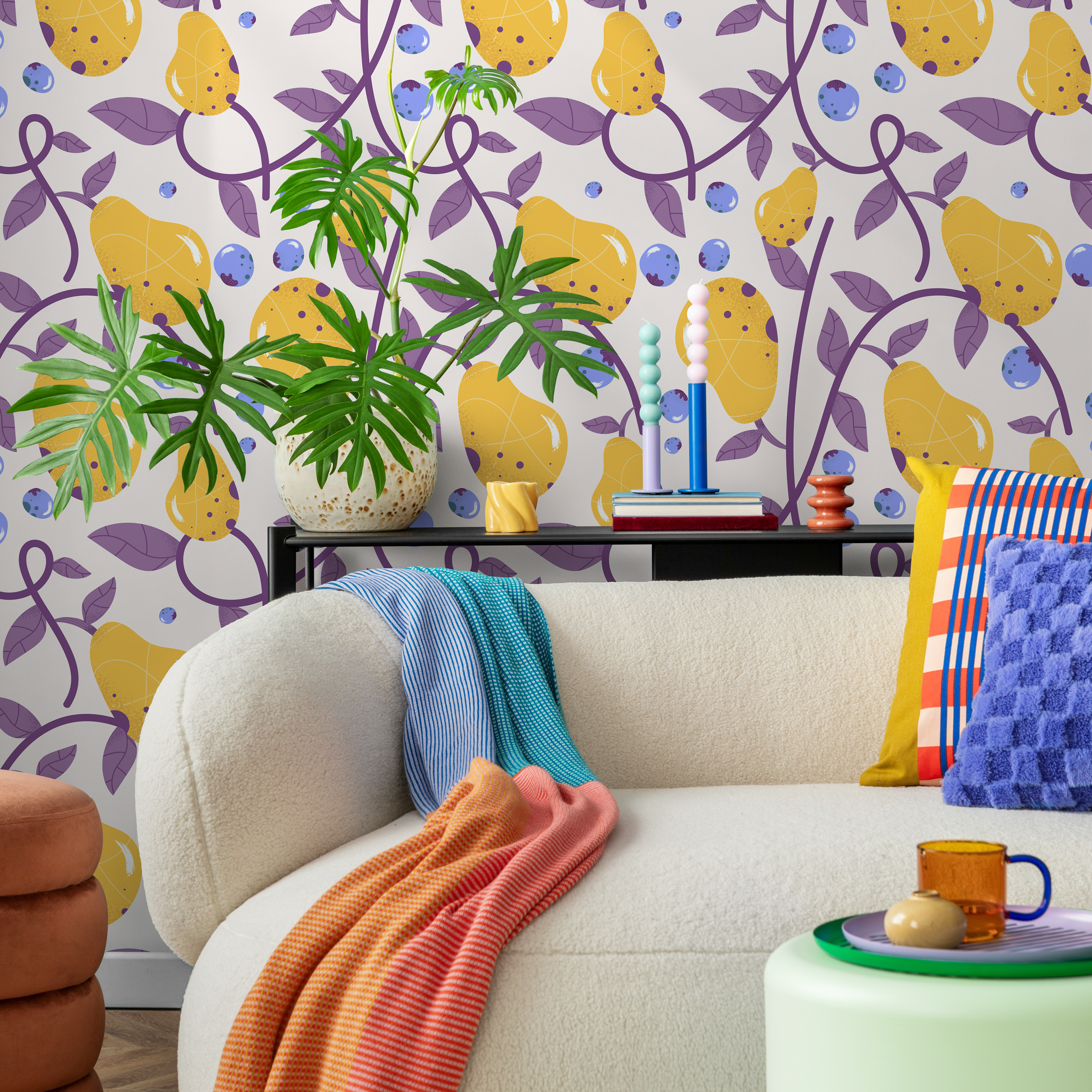 Fruit Wallpaper With Pear And Berry Vines In Yellow, Purple, And Blue - B571