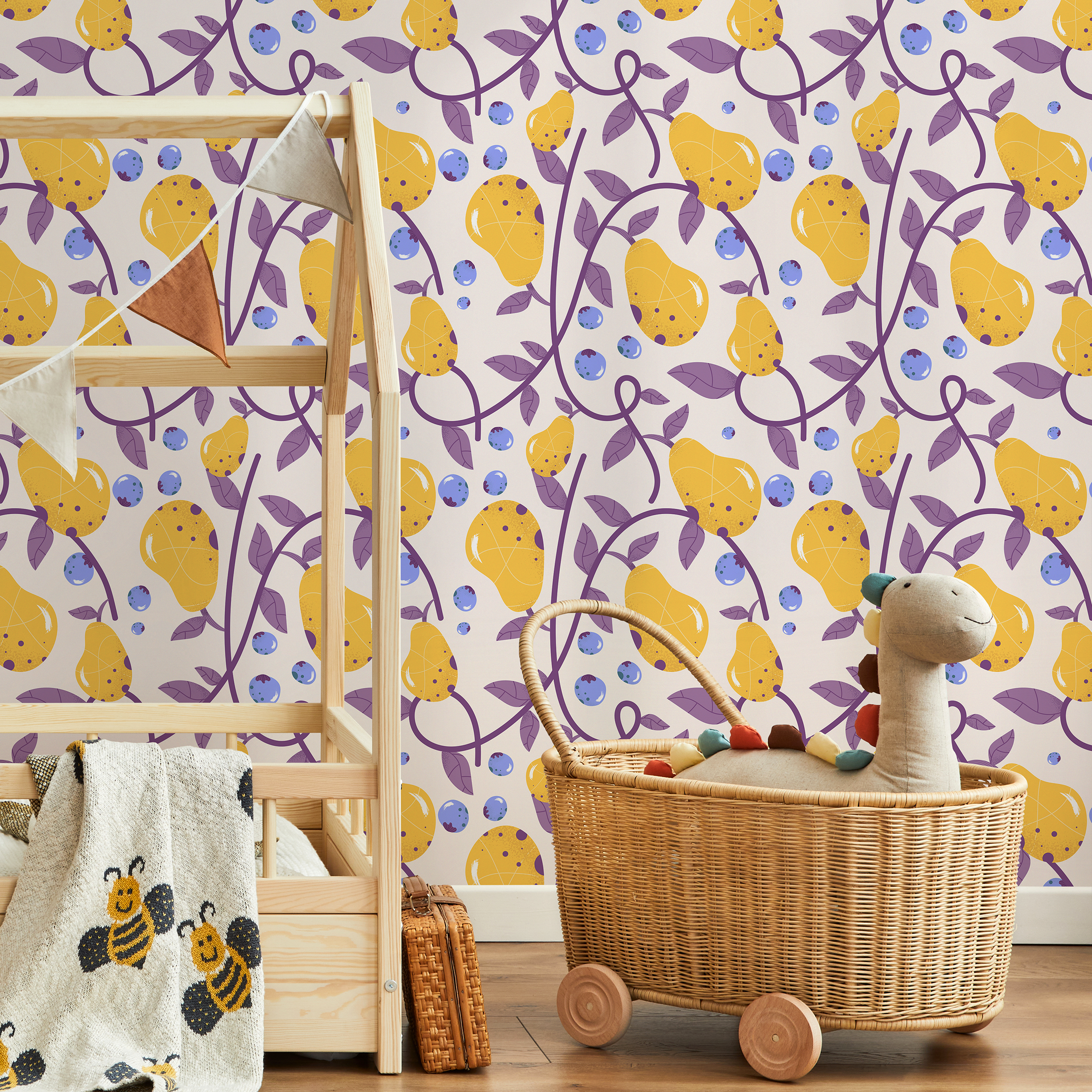 Fruit Wallpaper With Pear And Berry Vines In Yellow, Purple, And Blue - B571