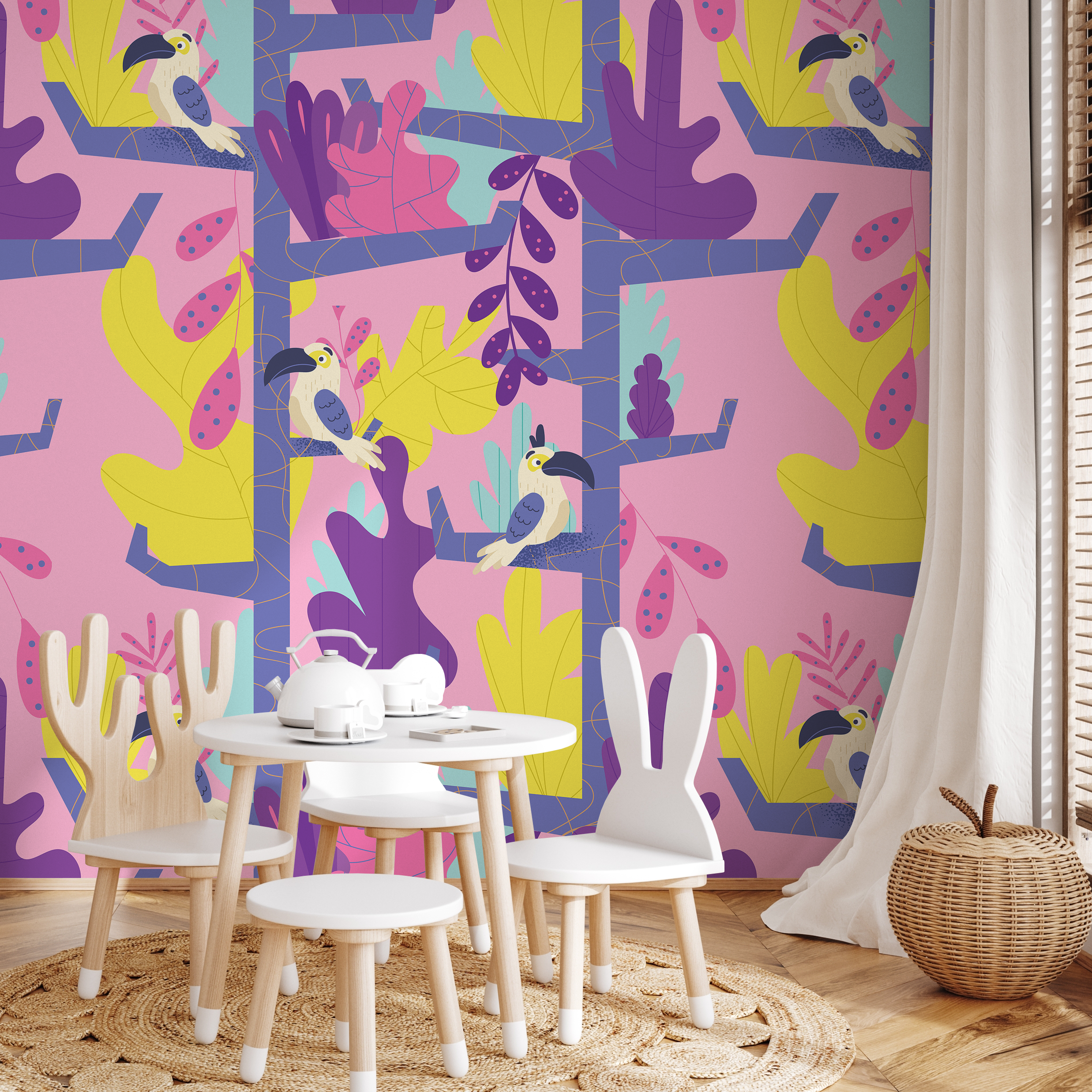 Jungle Wallpaper With Stylized Toucans In Pink, Purple, And Yellow - B575