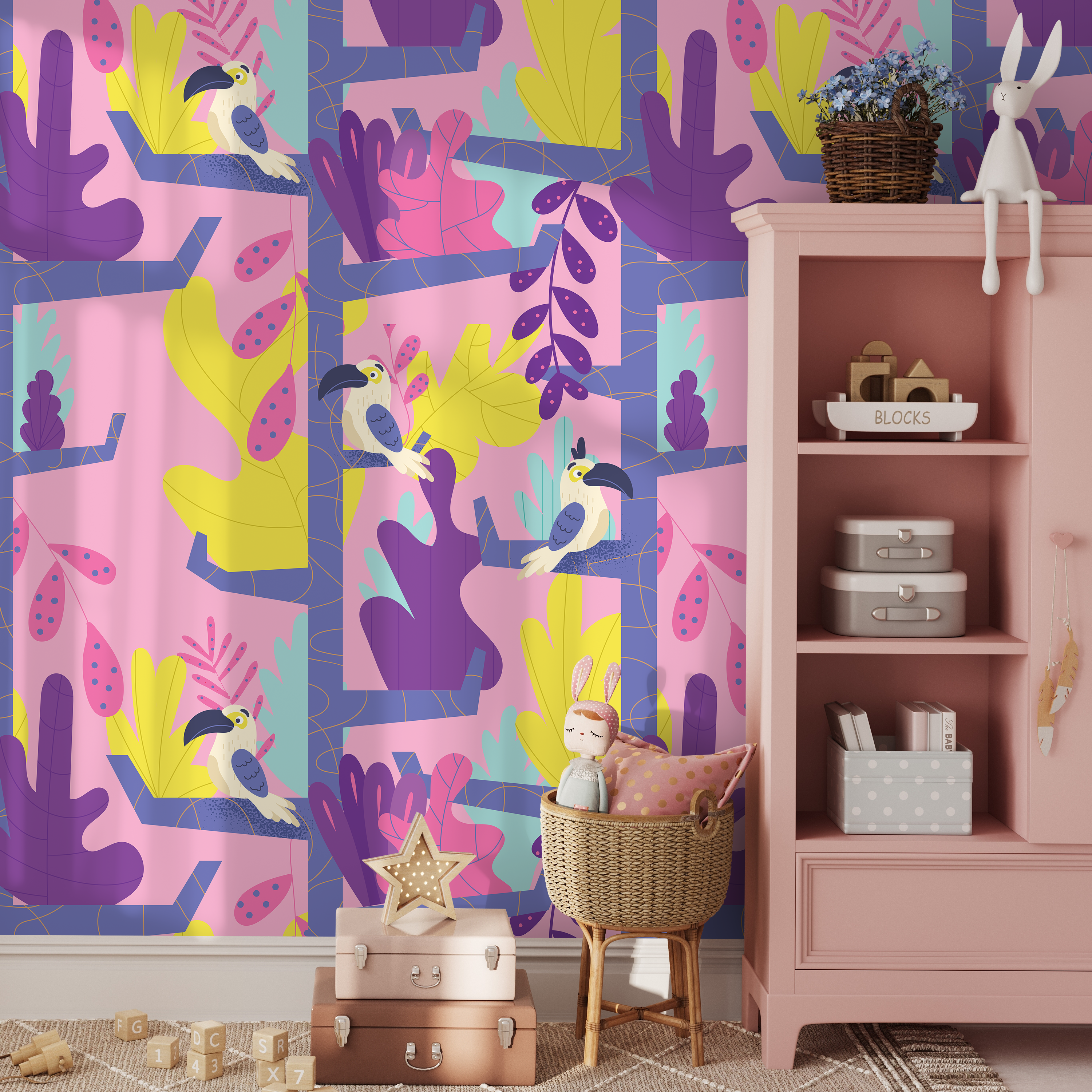 Jungle Wallpaper With Stylized Toucans In Pink, Purple, And Yellow - B575