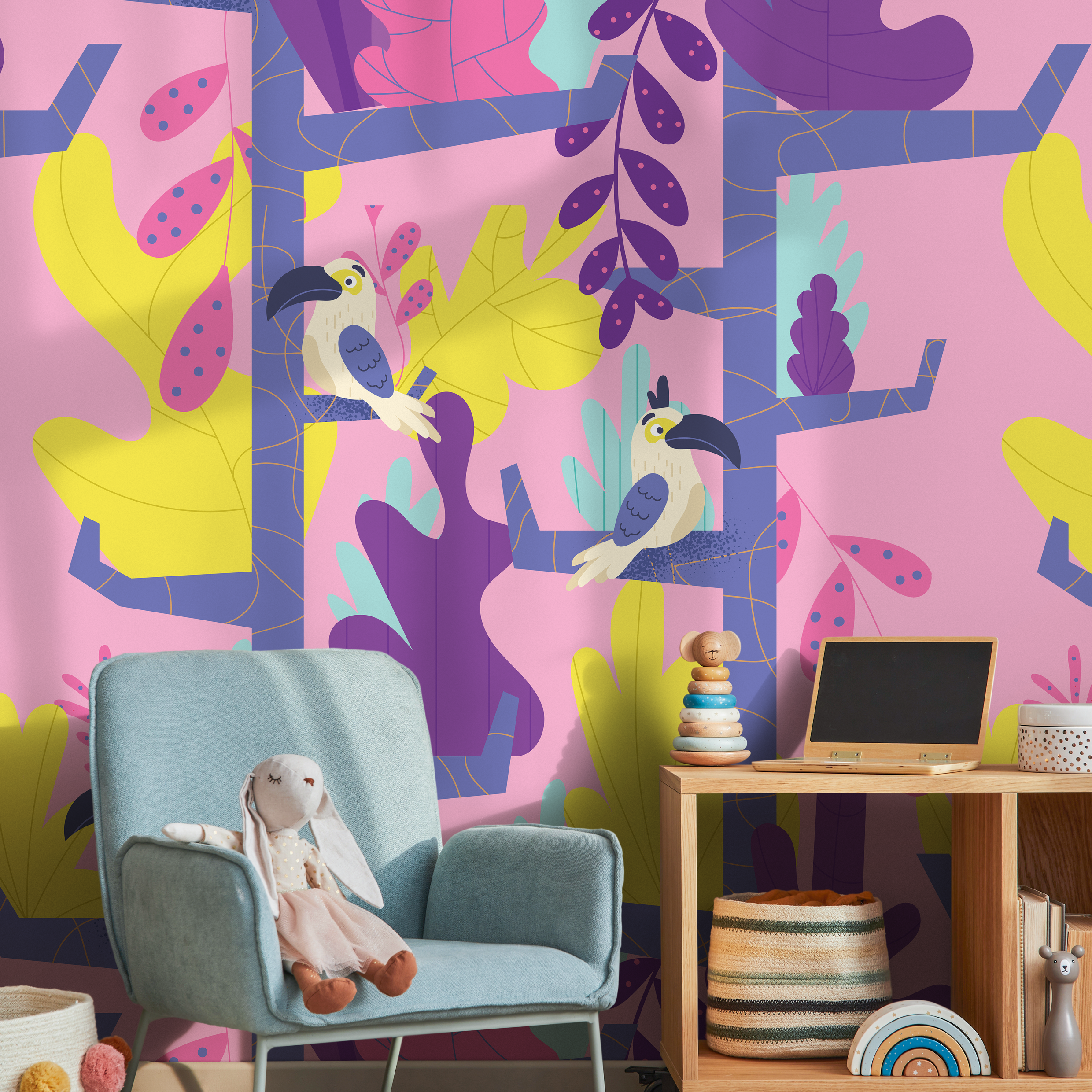 Jungle Wallpaper With Stylized Toucans In Pink, Purple, And Yellow - B575