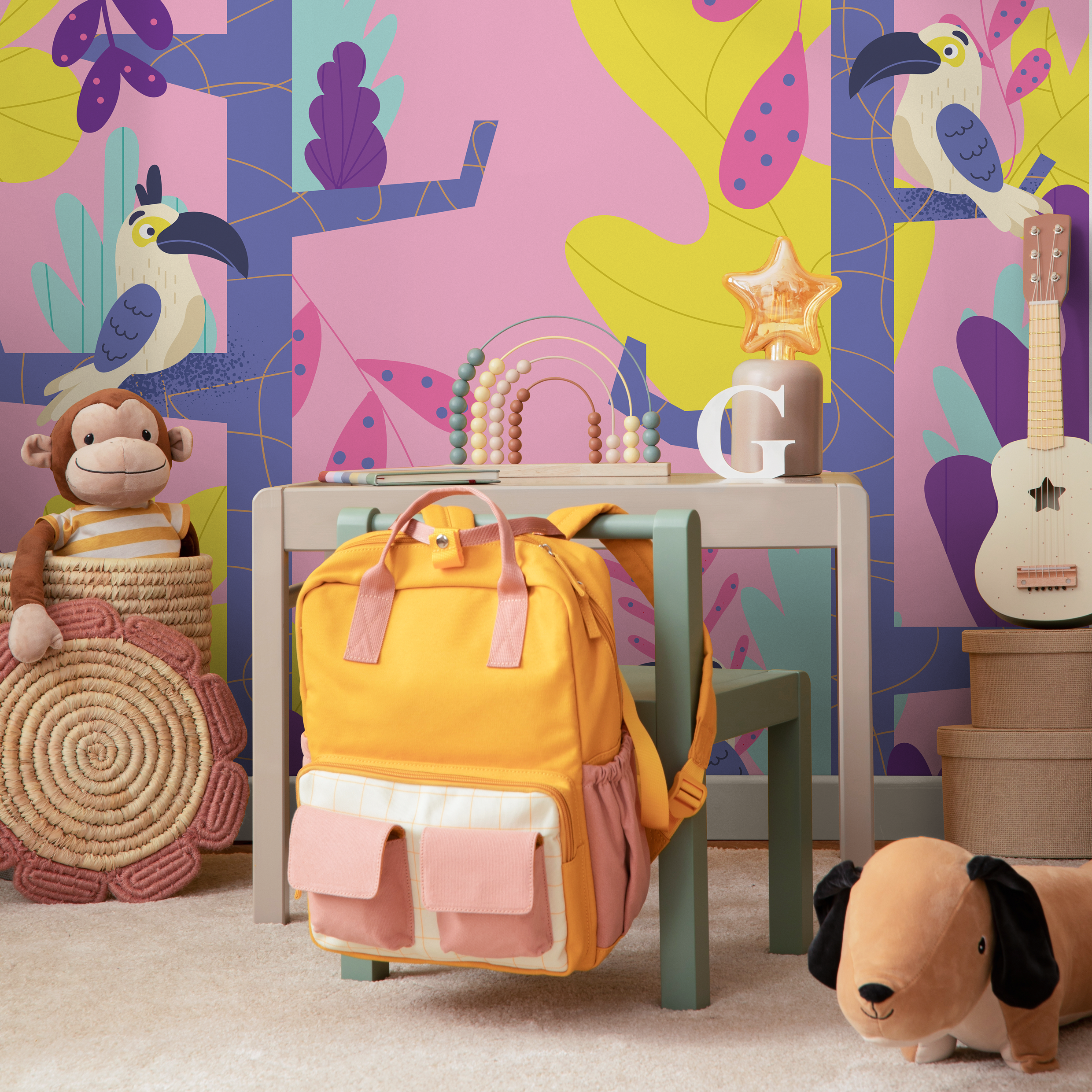 Jungle Wallpaper With Stylized Toucans In Pink, Purple, And Yellow - B575