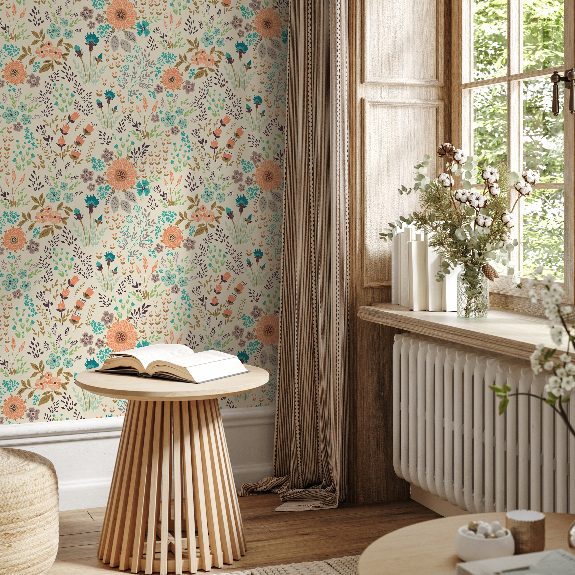 Floral Wallpaper With A Whimsical Meadow Motif In Coral, Teal, And Purple - B580