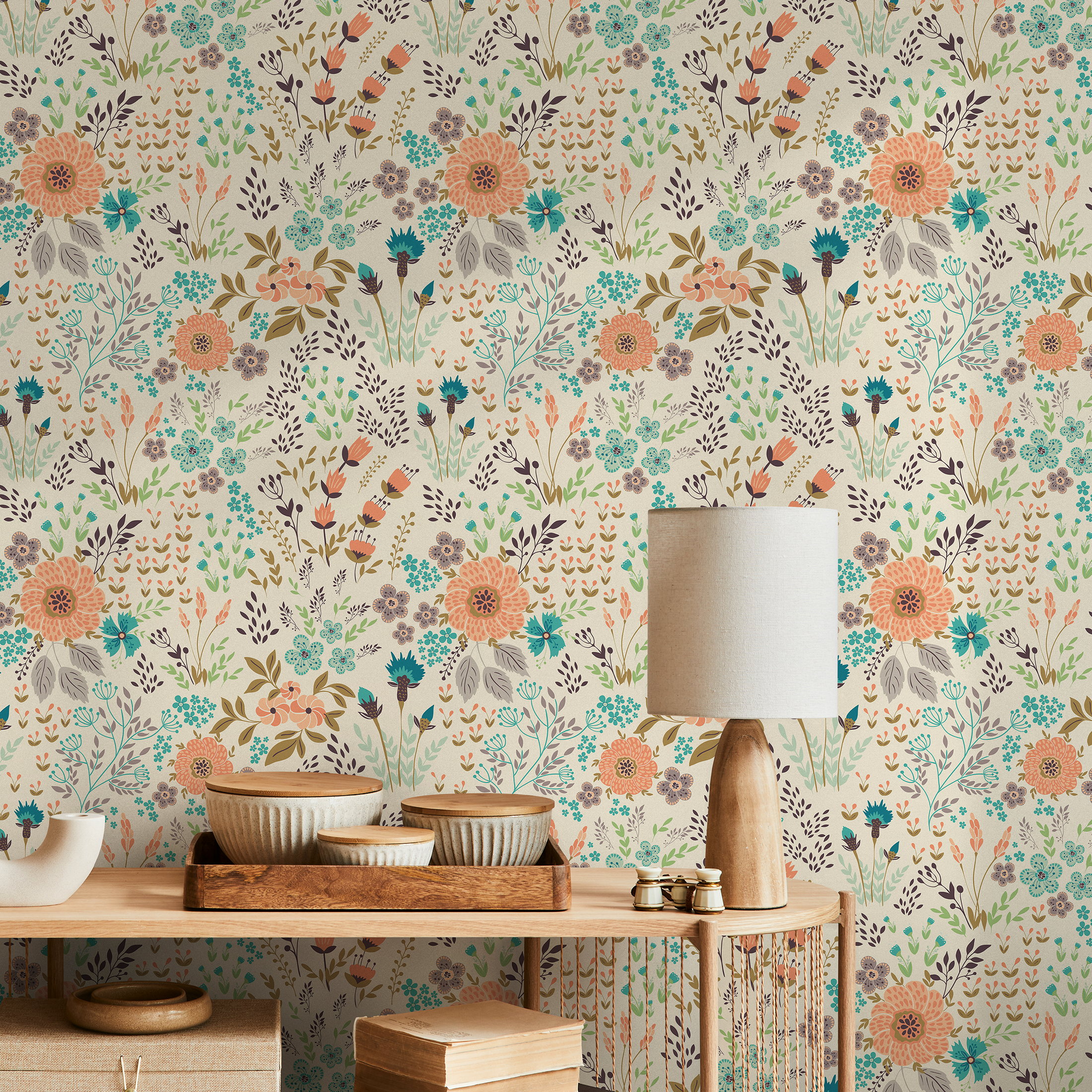 Floral Wallpaper With A Whimsical Meadow Motif In Coral, Teal, And Purple - B580