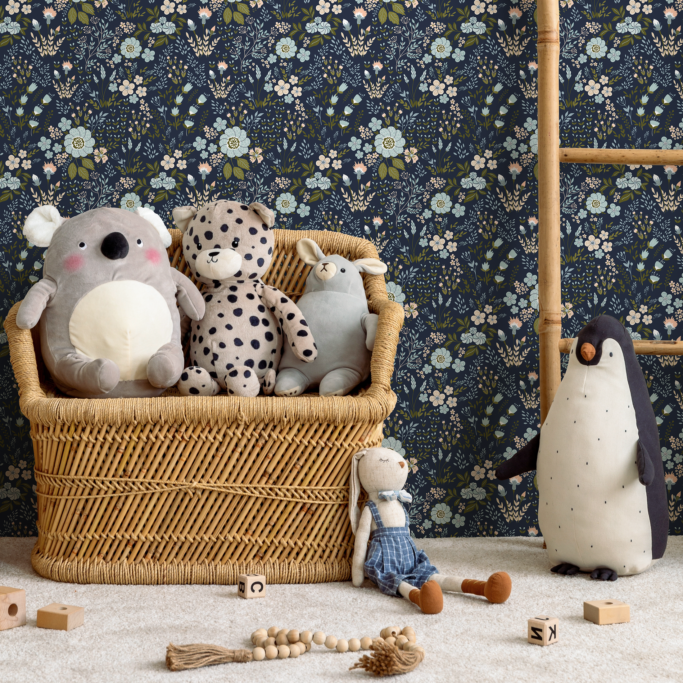 Botanical Wallpaper With A Folk Art Floral Motif In Navy, Blue, And Pink - B582