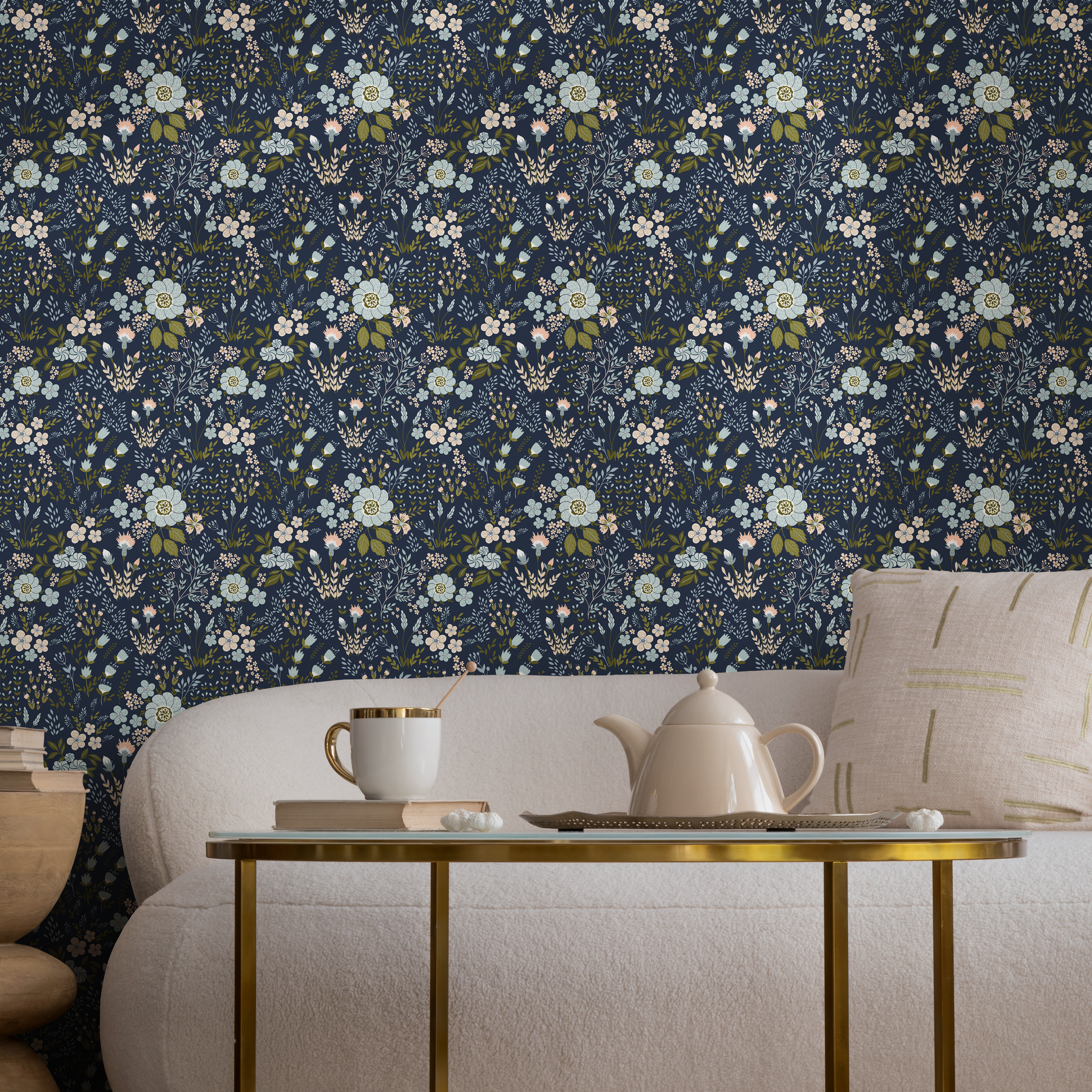 Botanical Wallpaper With A Folk Art Floral Motif In Navy, Blue, And Pink - B582