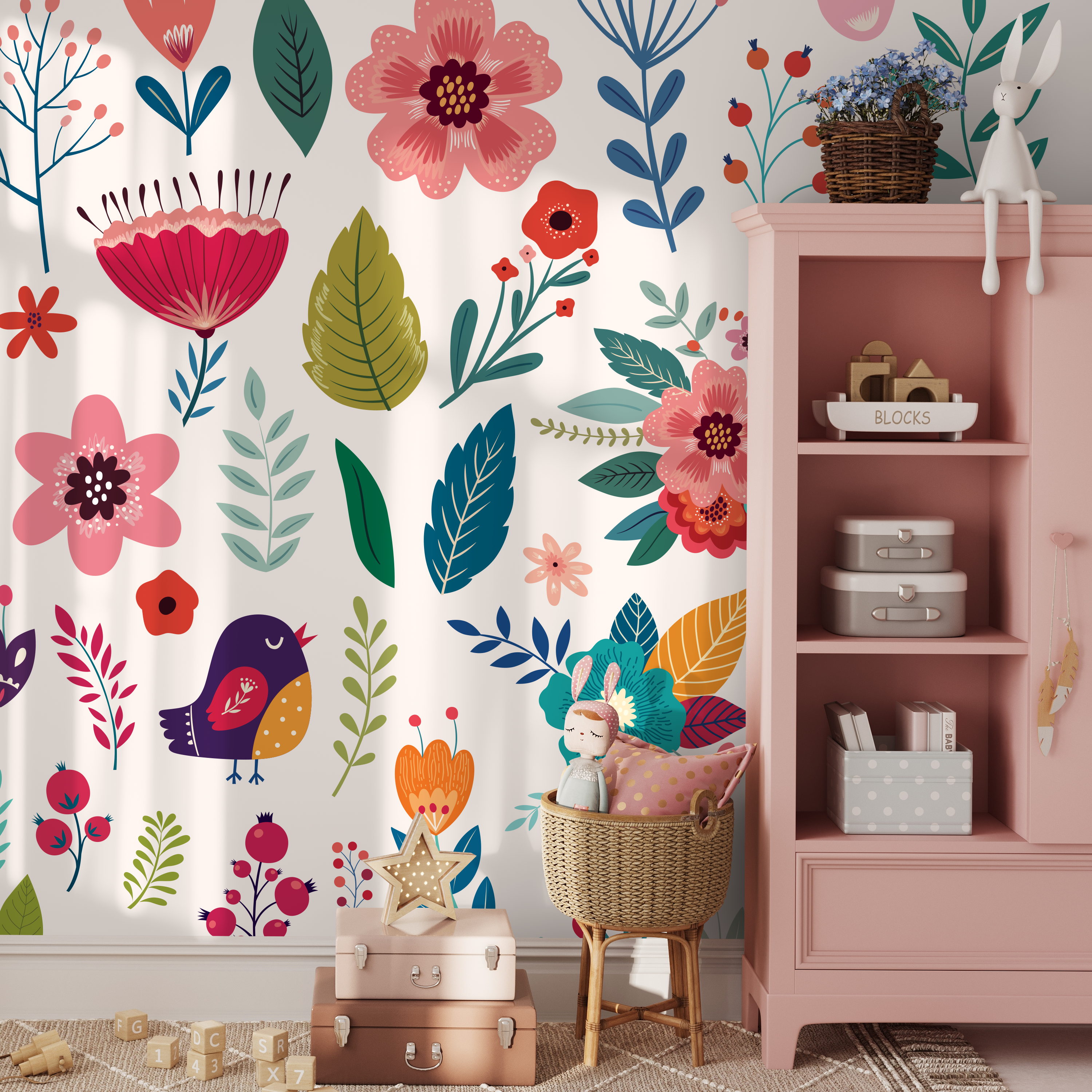 Floral Wallpaper With Folk Art Birds And Blooms In Pink, Blue, And Green - B585