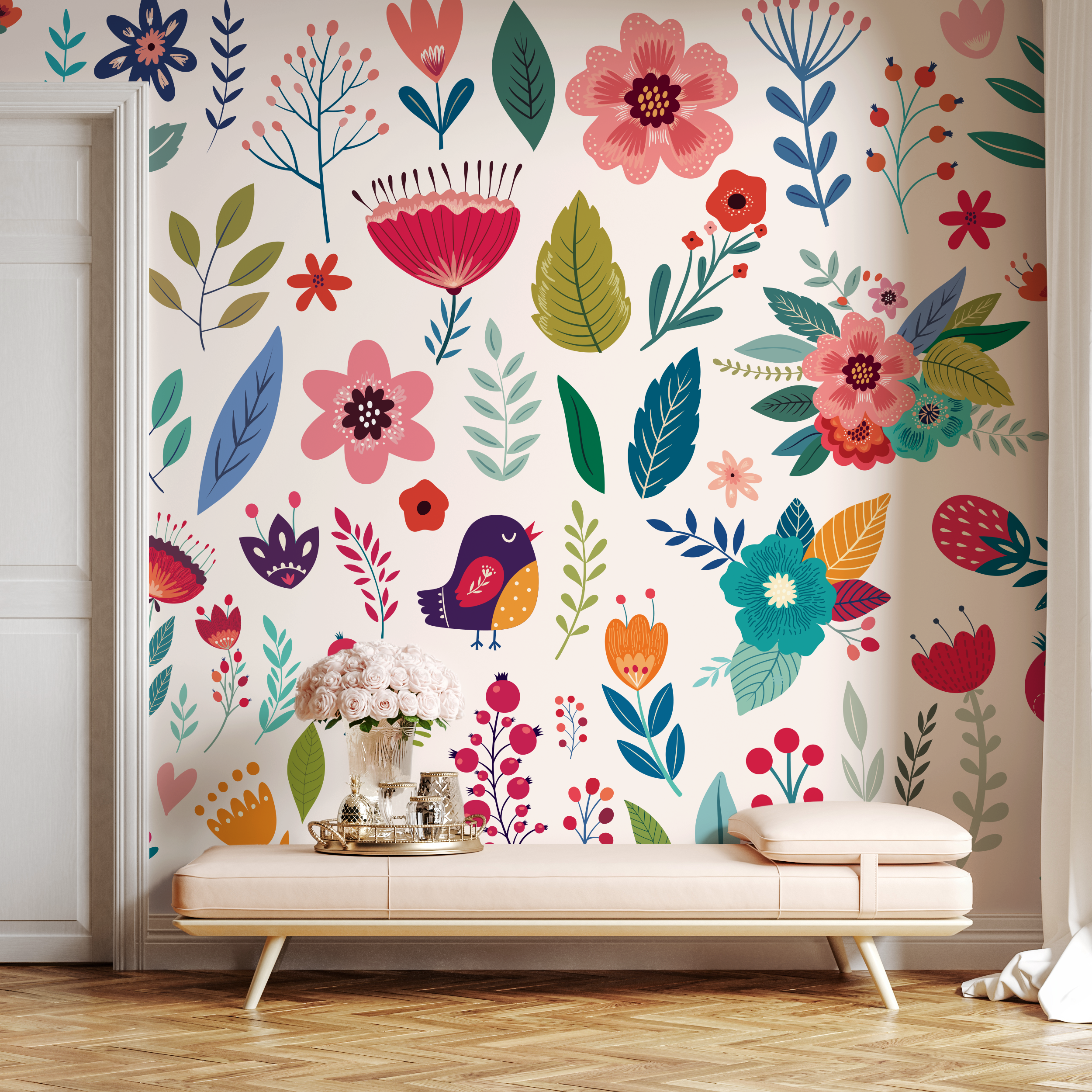 Floral Wallpaper With Folk Art Birds And Blooms In Pink, Blue, And Green - B585