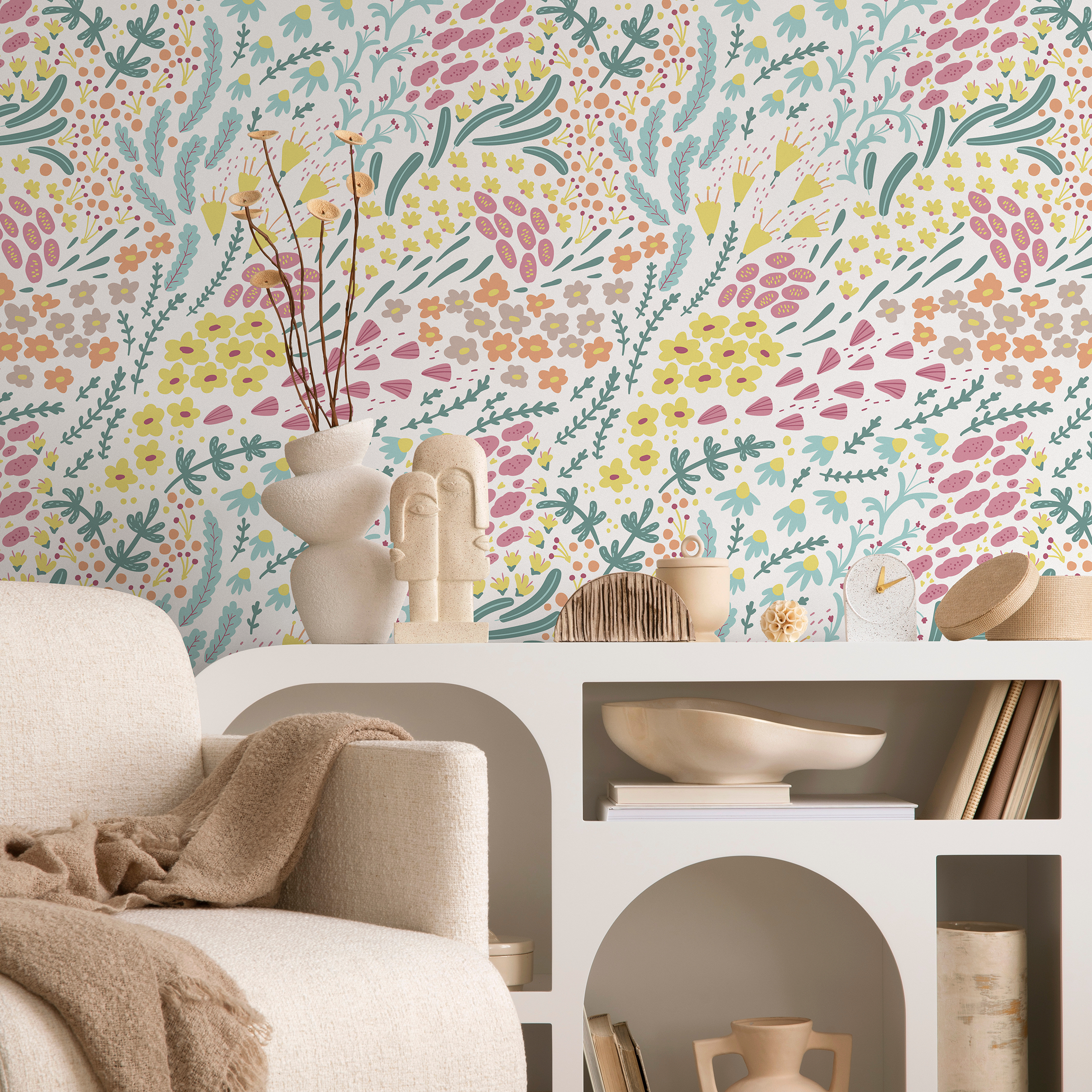 Floral Wallpaper With Abstract Wildflowers In Pink, Yellow, And Teal - B586