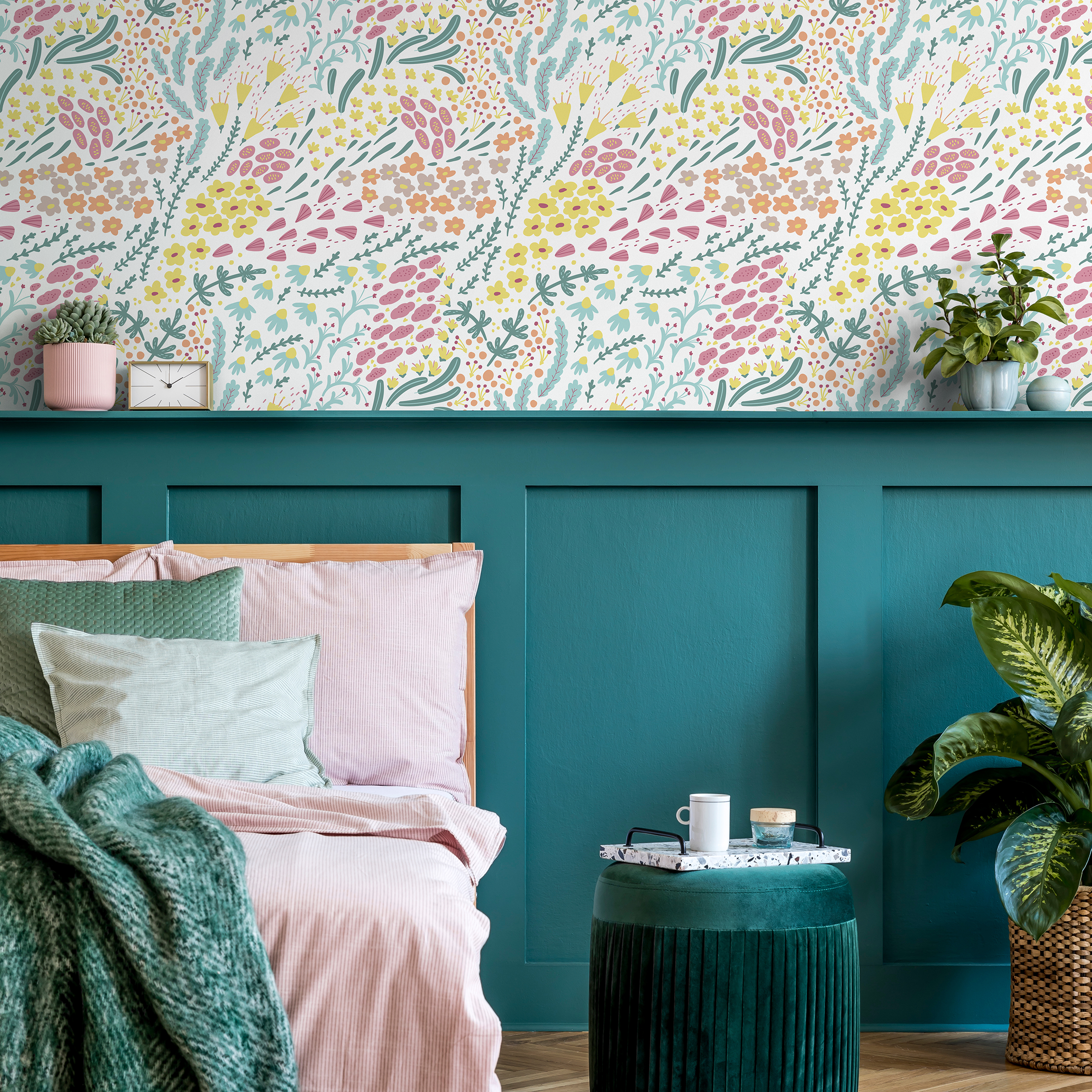 Floral Wallpaper With Abstract Wildflowers In Pink, Yellow, And Teal - B586