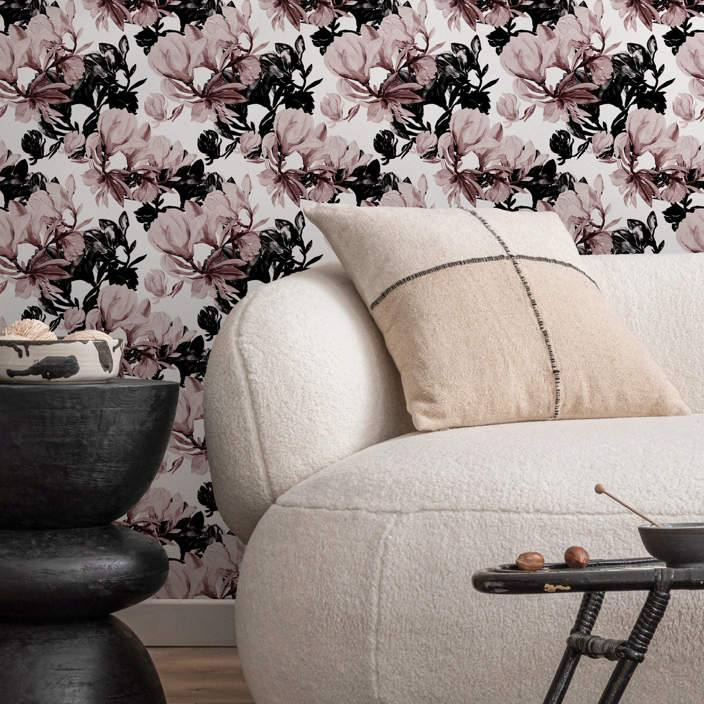 Floral Wallpaper With Dramatic Painterly Blooms In Pink, Black, And Maroon - B591
