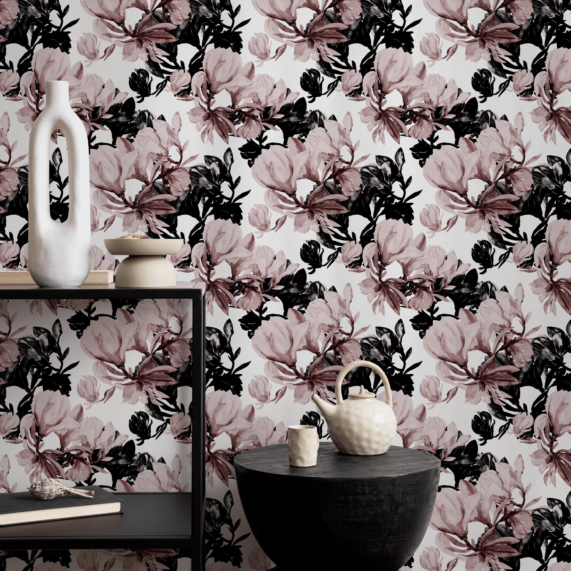 Floral Wallpaper With Dramatic Painterly Blooms In Pink, Black, And Maroon - B591