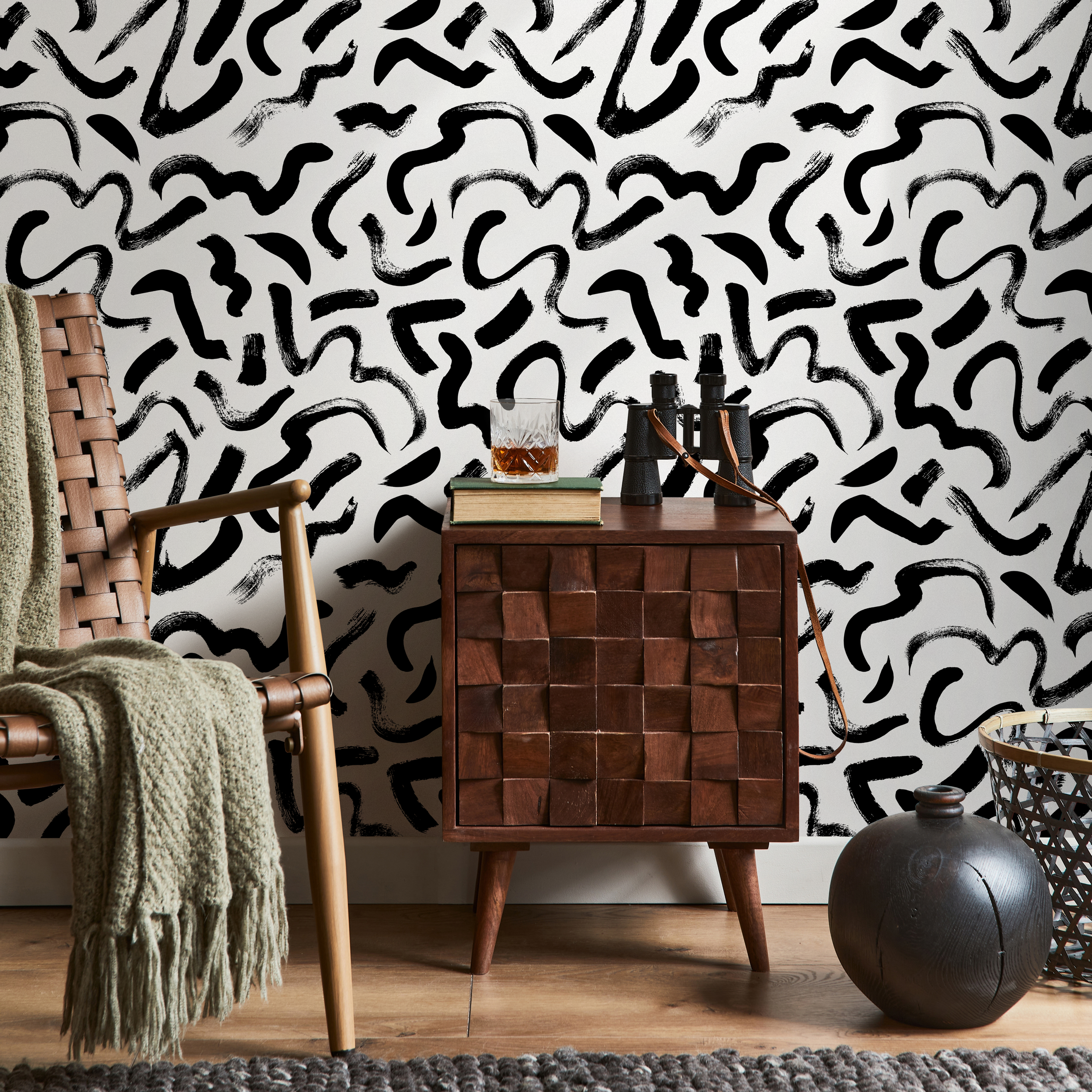 Abstract Wallpaper With A Bold Brushstroke Motif In Black And White - B594