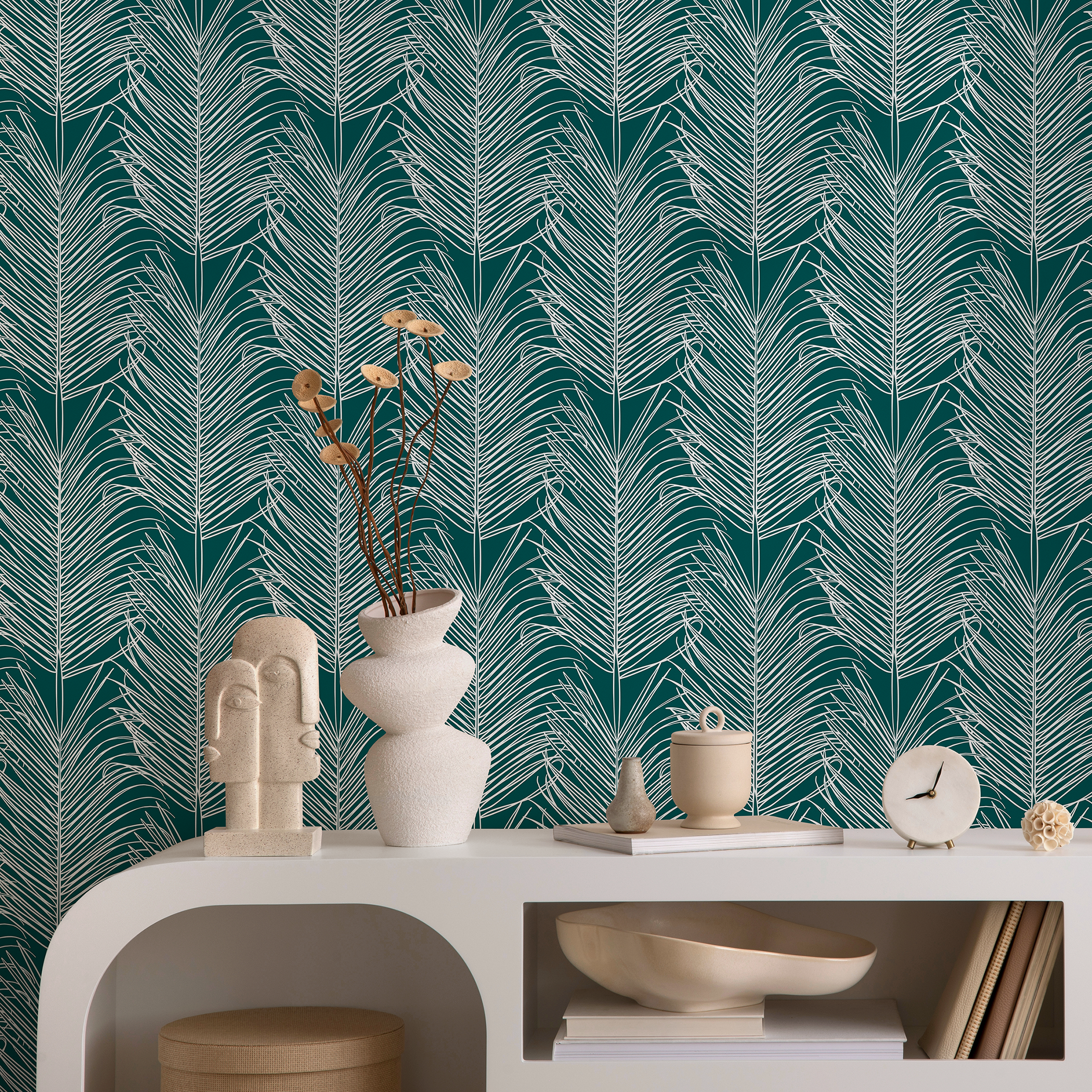 Botanical Wallpaper With Stylized Palm Fronds In Teal And White - B595
