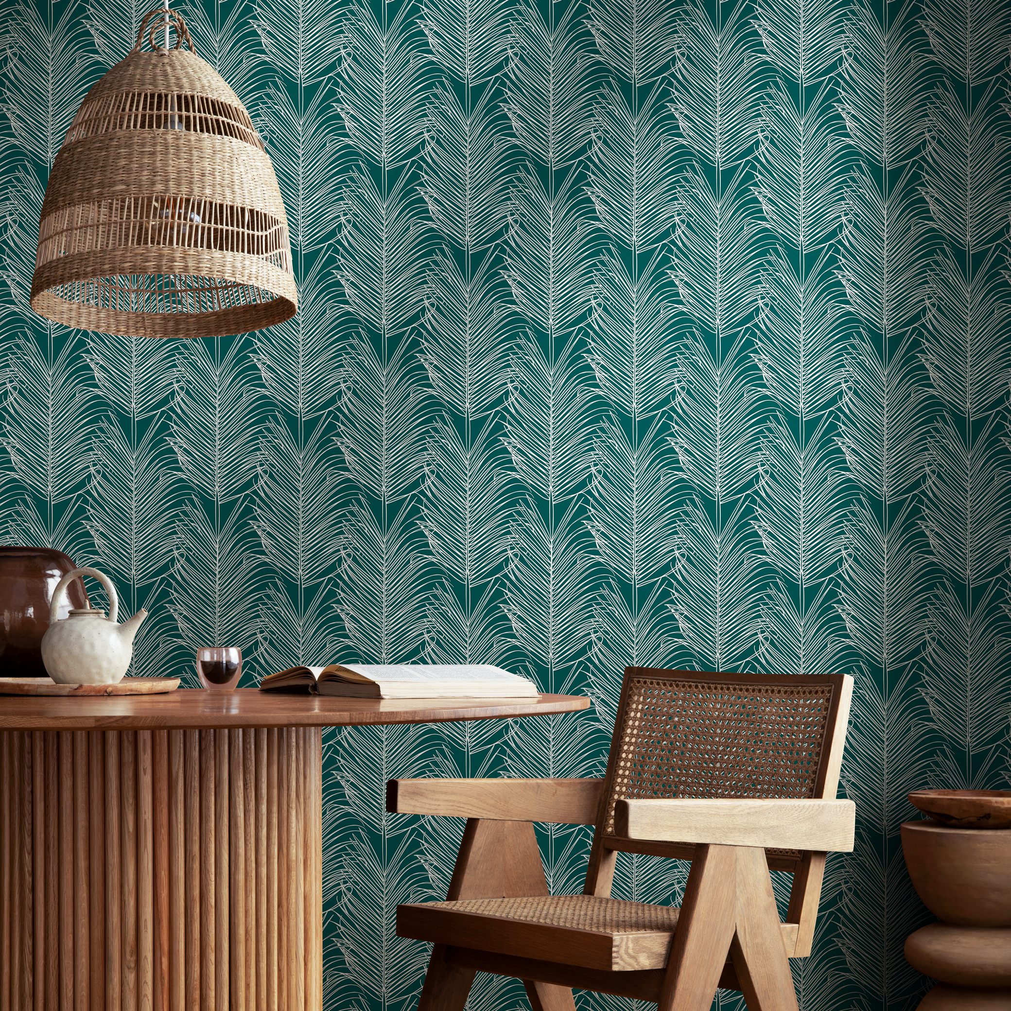 Botanical Wallpaper With Stylized Palm Fronds In Teal And White - B595
