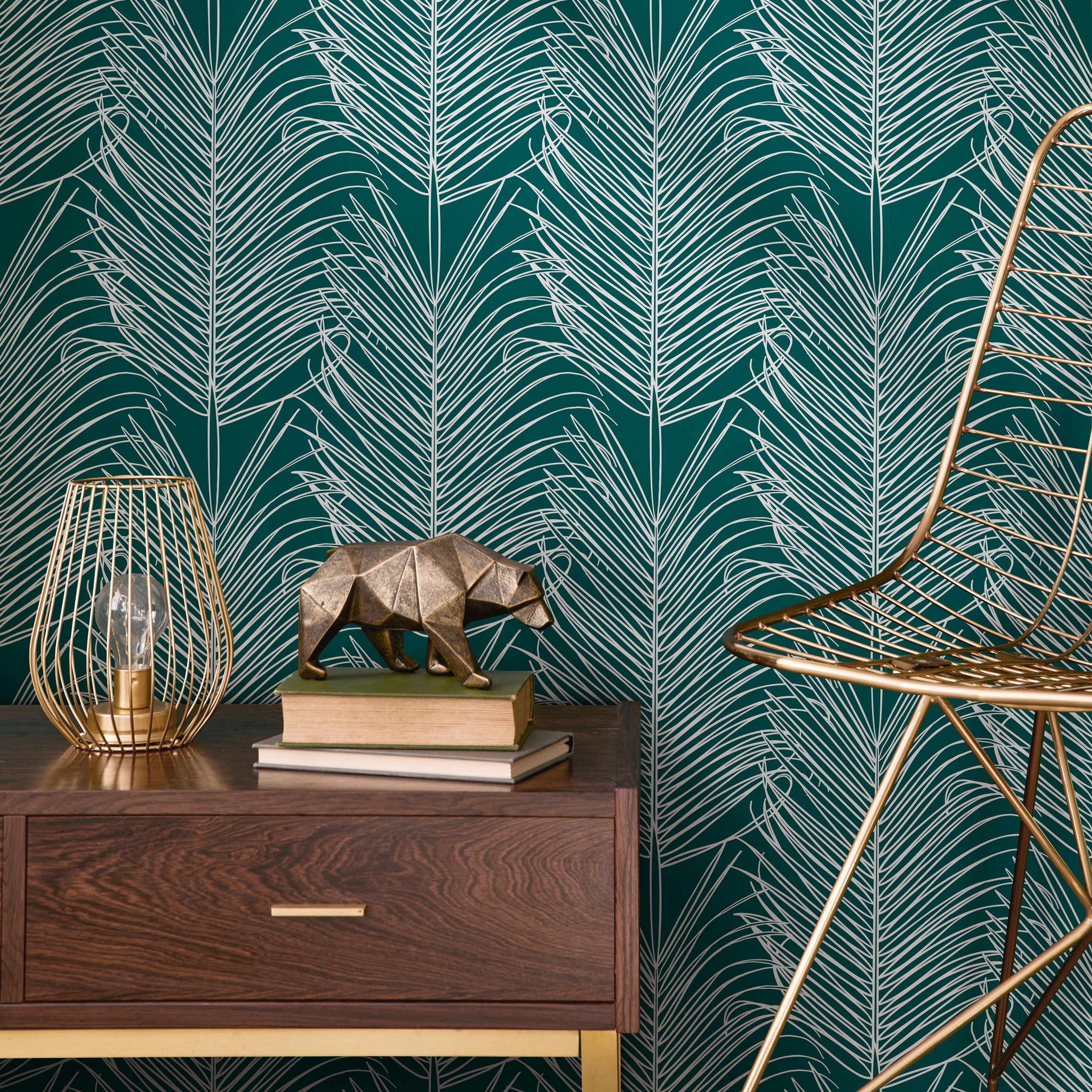 Botanical Wallpaper With Stylized Palm Fronds In Teal And White - B595