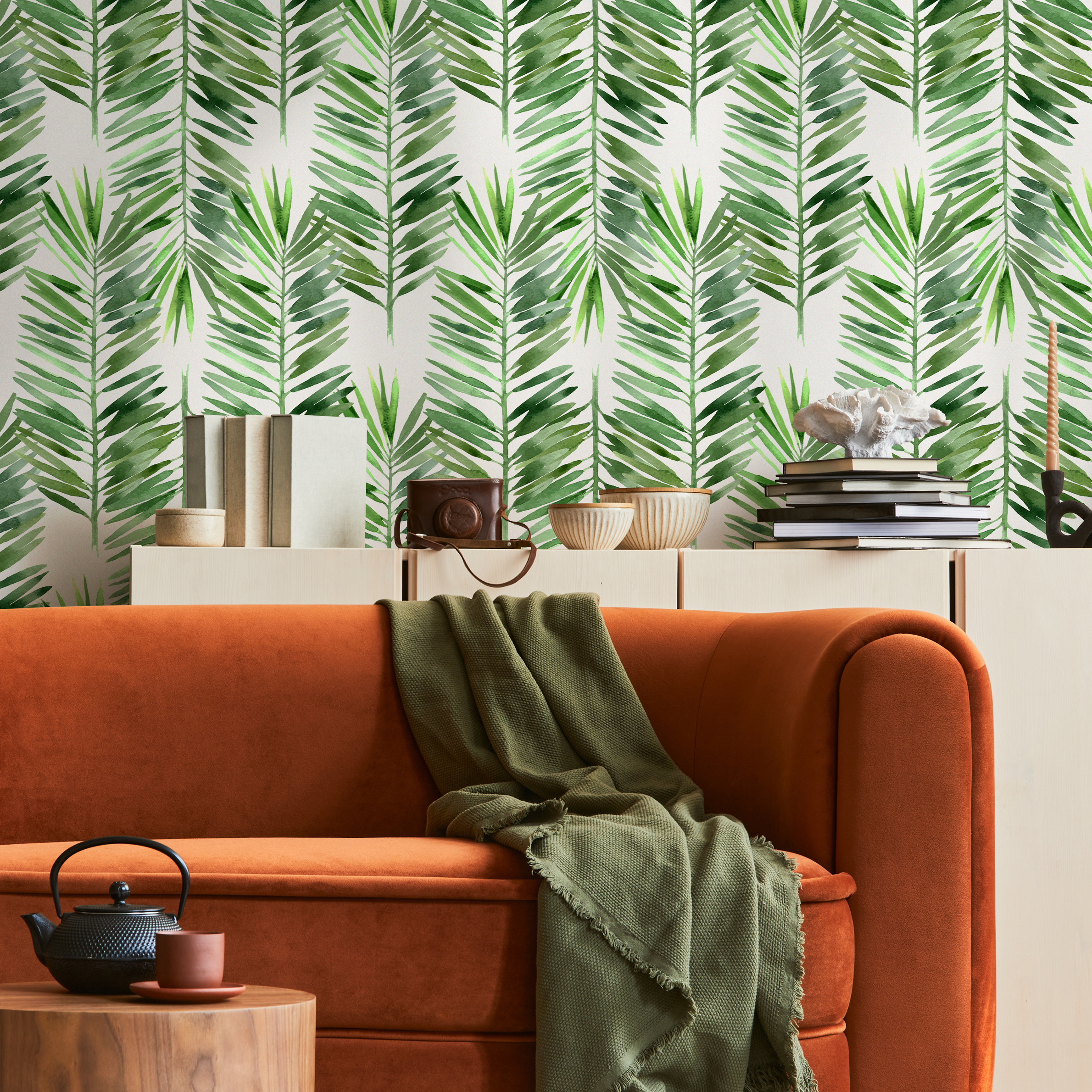 Botanical Wallpaper With Watercolor Palm Fronds In Green - B597
