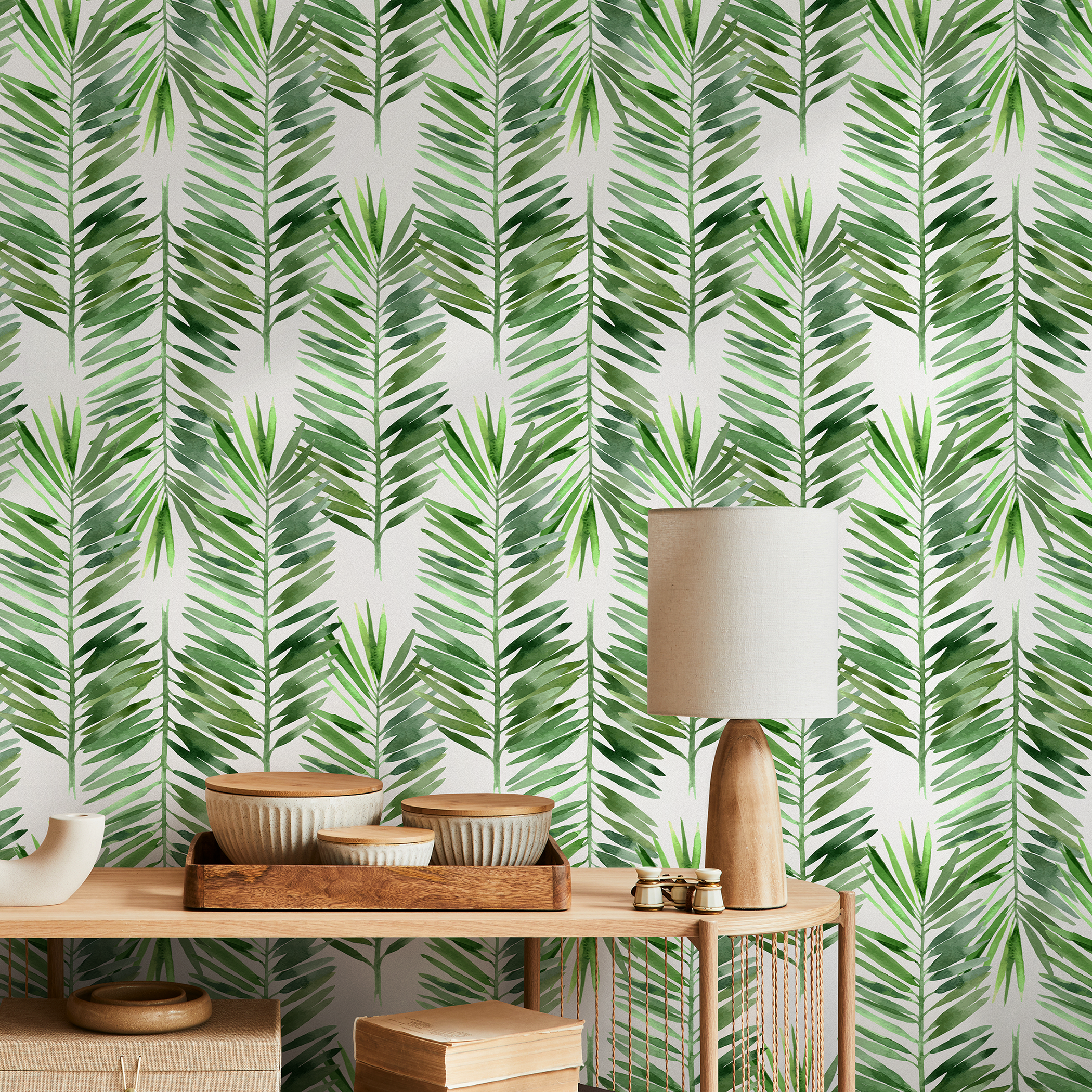 Botanical Wallpaper With Watercolor Palm Fronds In Green - B597