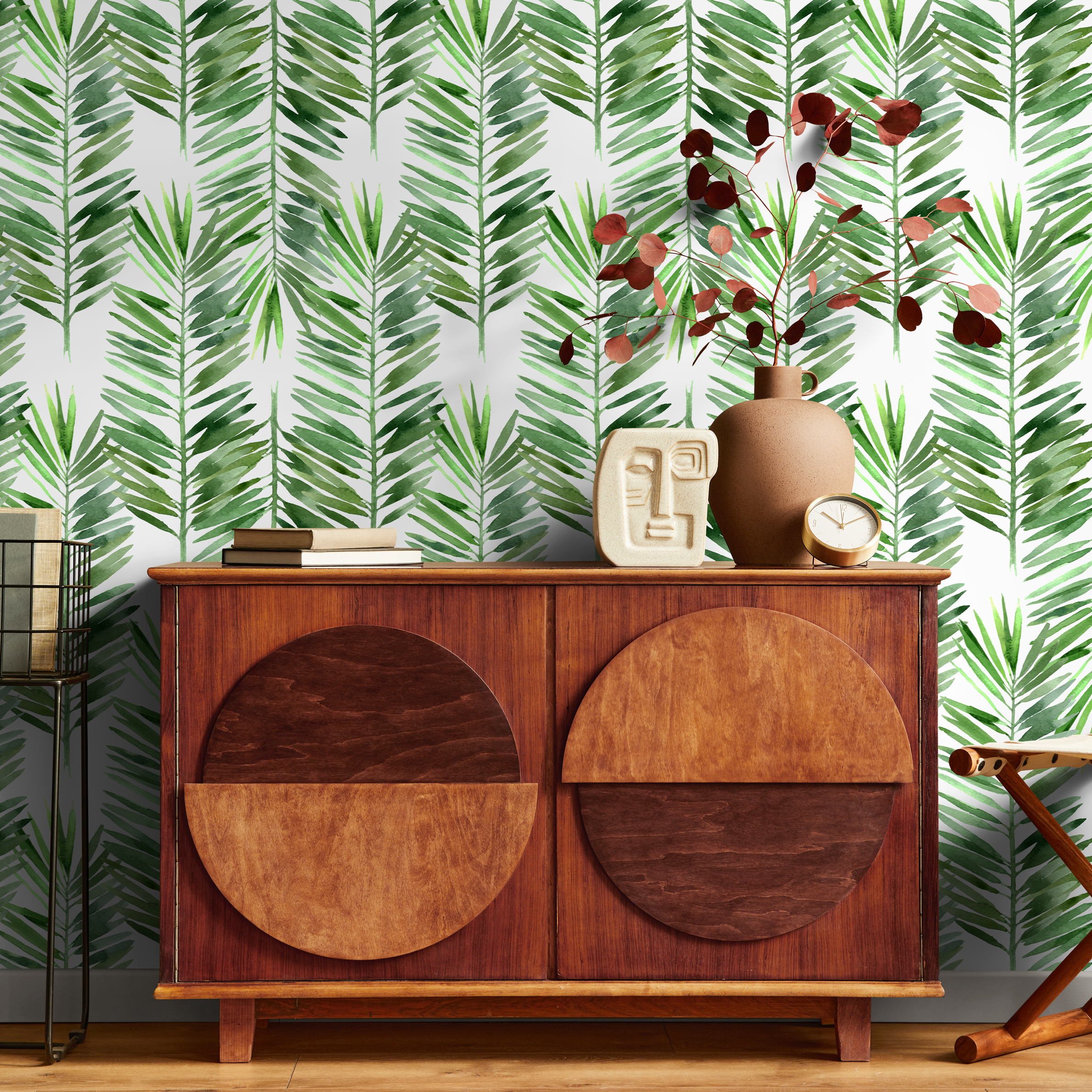 Botanical Wallpaper With Watercolor Palm Fronds In Green - B597