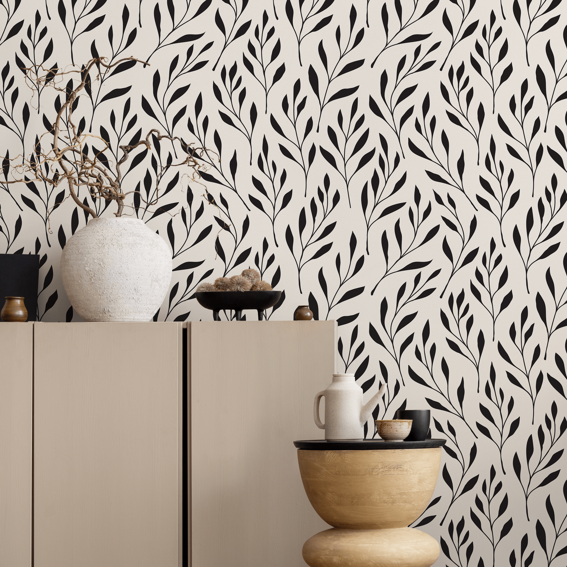 Botanical Wallpaper With Stylized Leafy Branches In Black And Beige - B598