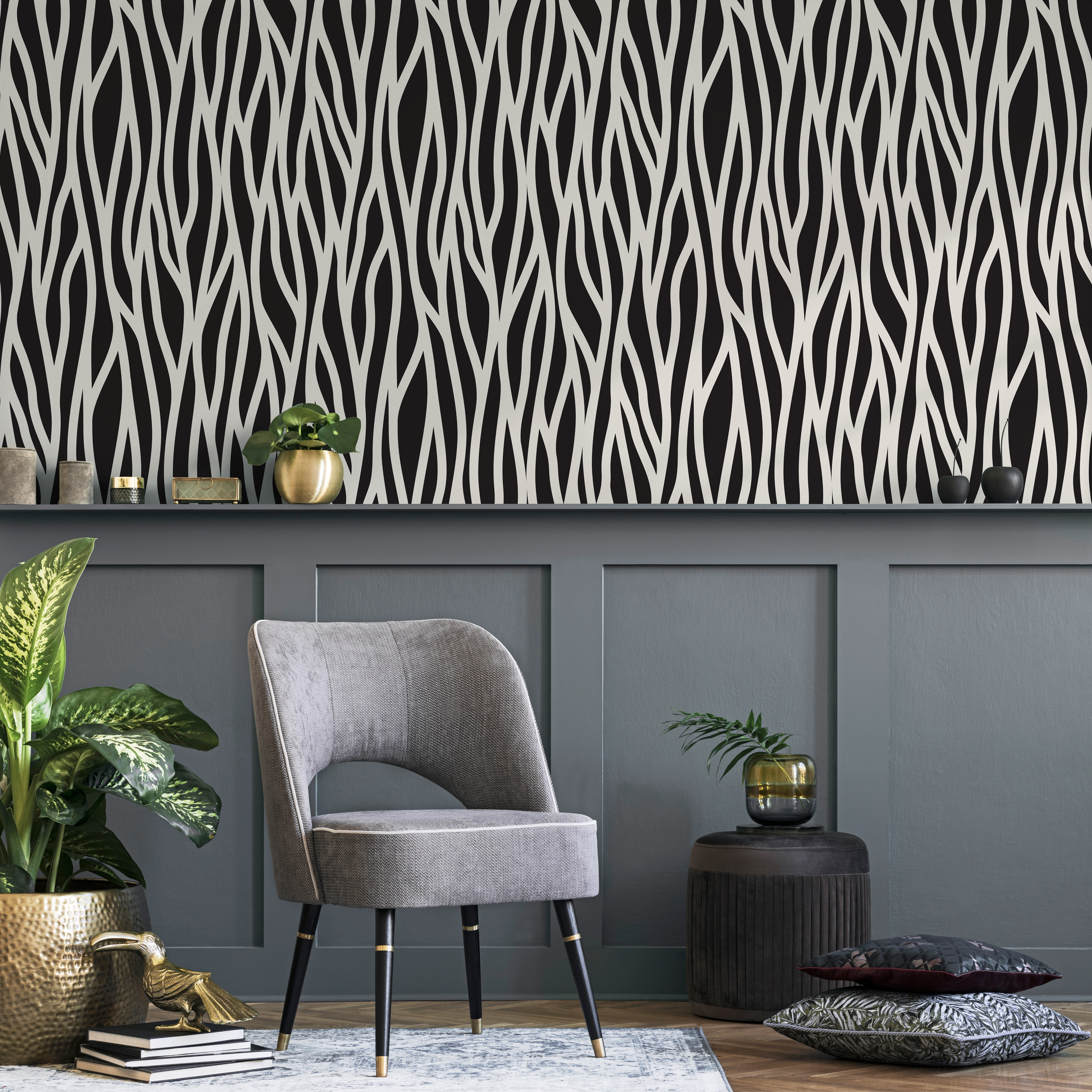 Abstract Wallpaper With Wavy Organic Lines In Black And White - B600