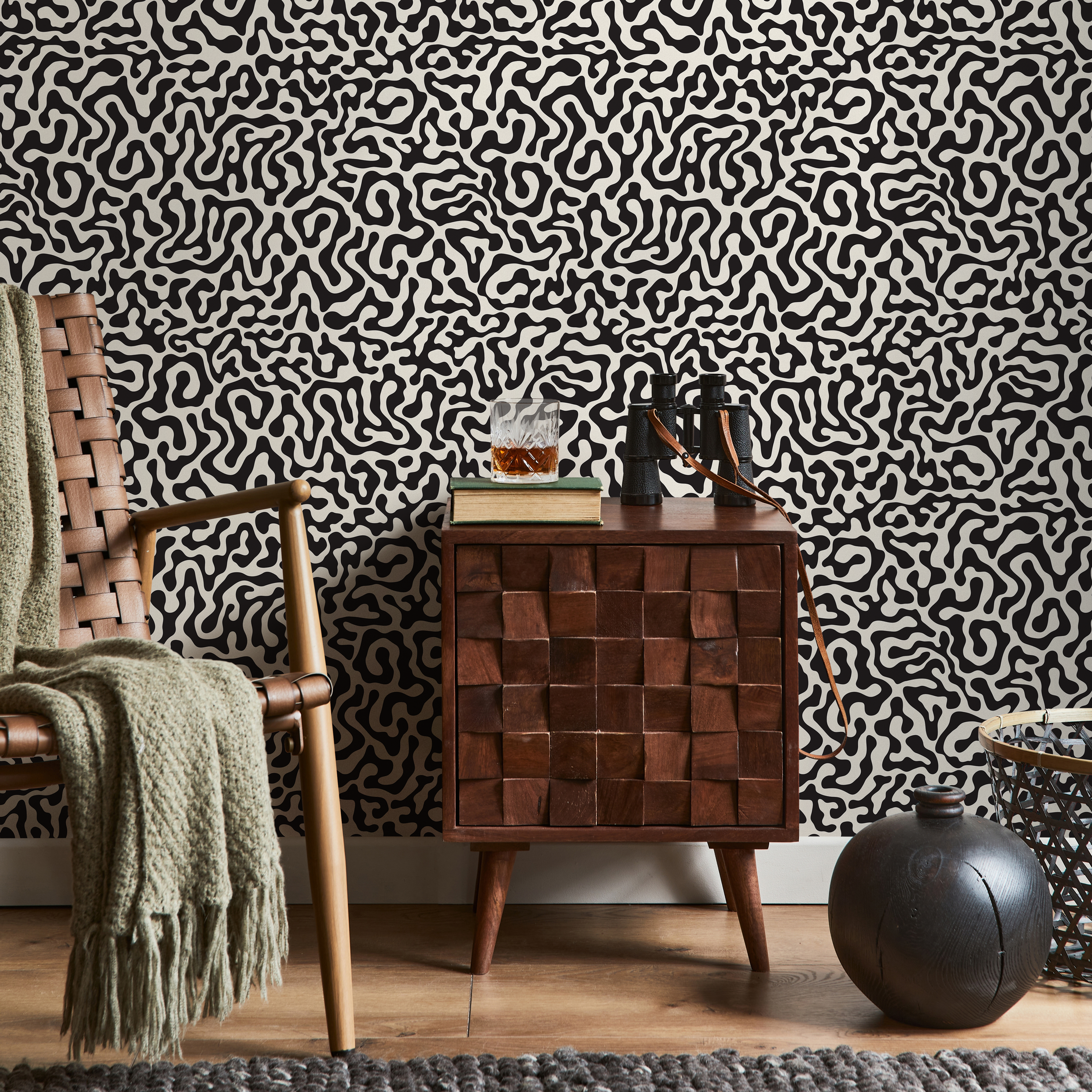 Abstract Wallpaper With Winding Organic Lines In Black And White - B601