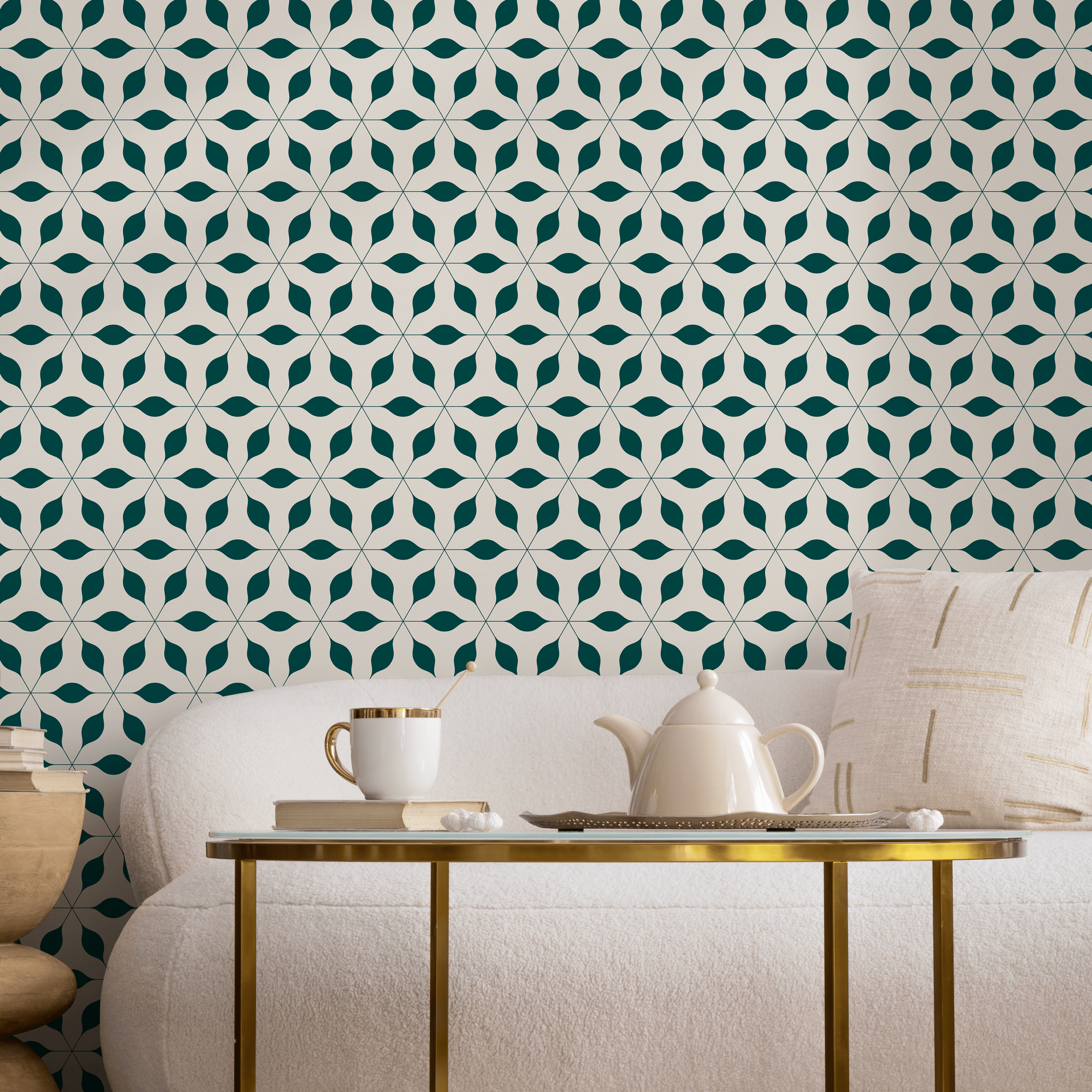 Geometric Wallpaper Featuring A Starburst Leaf Motif In Teal And Beige - B602