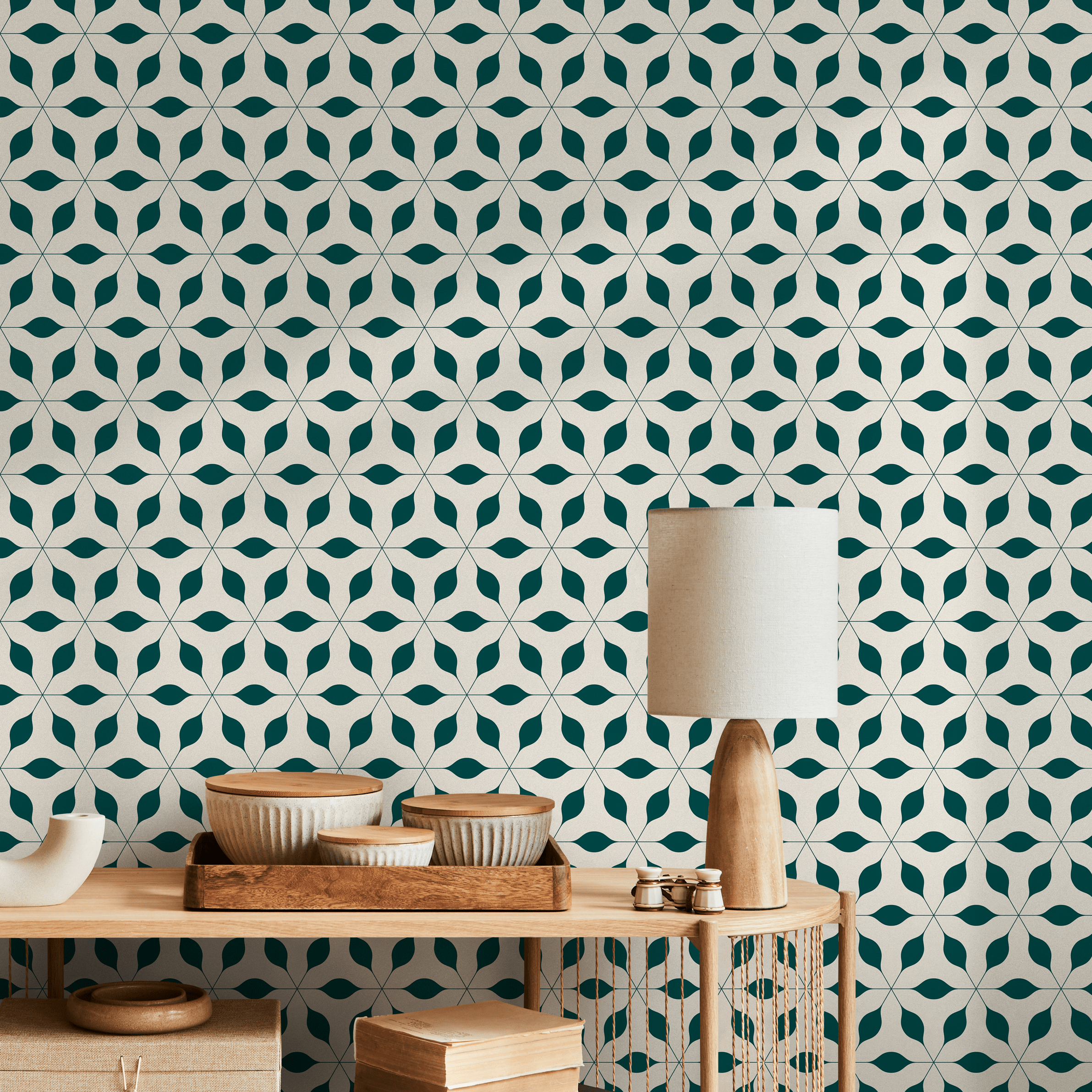 Geometric Wallpaper Featuring A Starburst Leaf Motif In Teal And Beige - B602